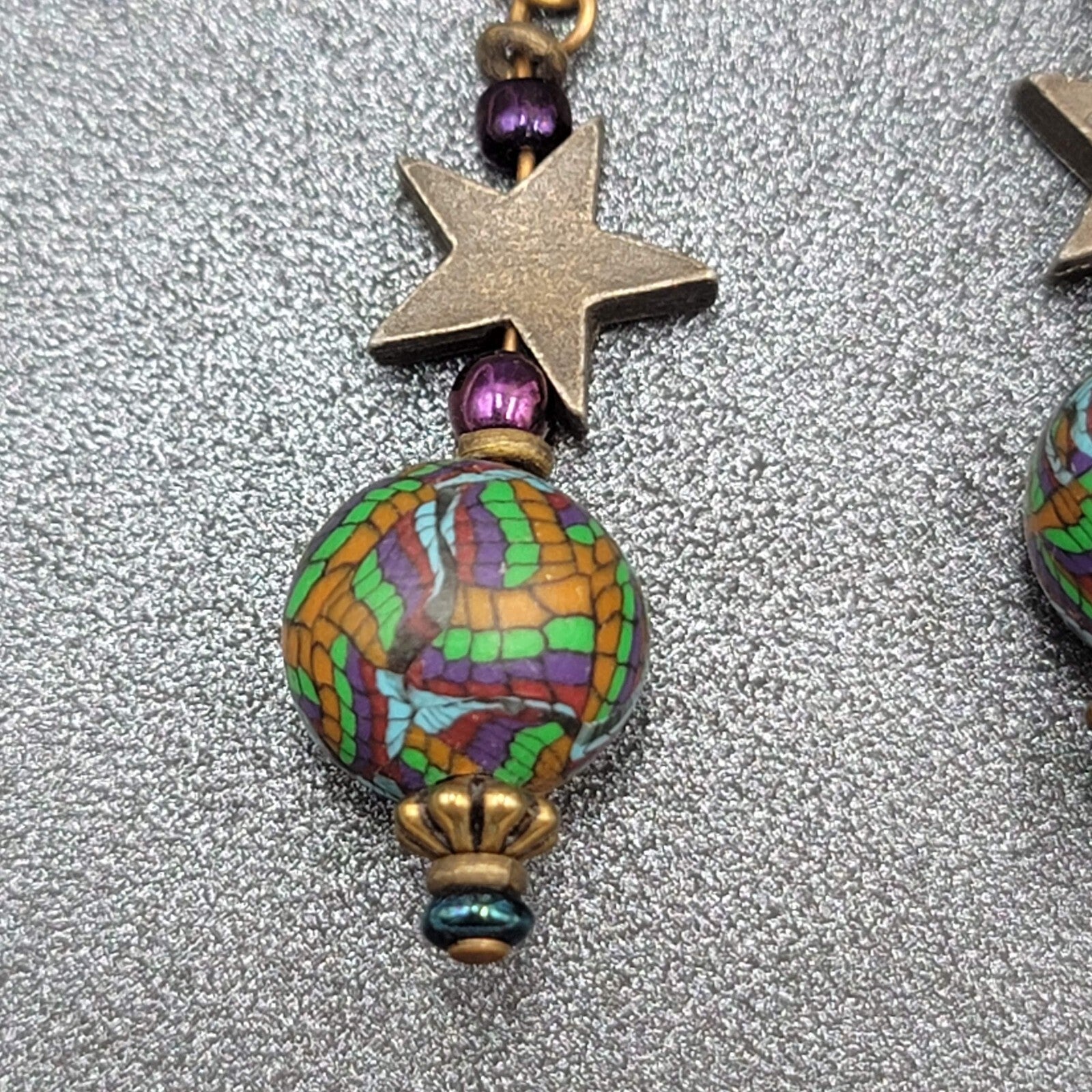 Pierced Earrings Star Bead Pottery Multicolor Bead 1.75"