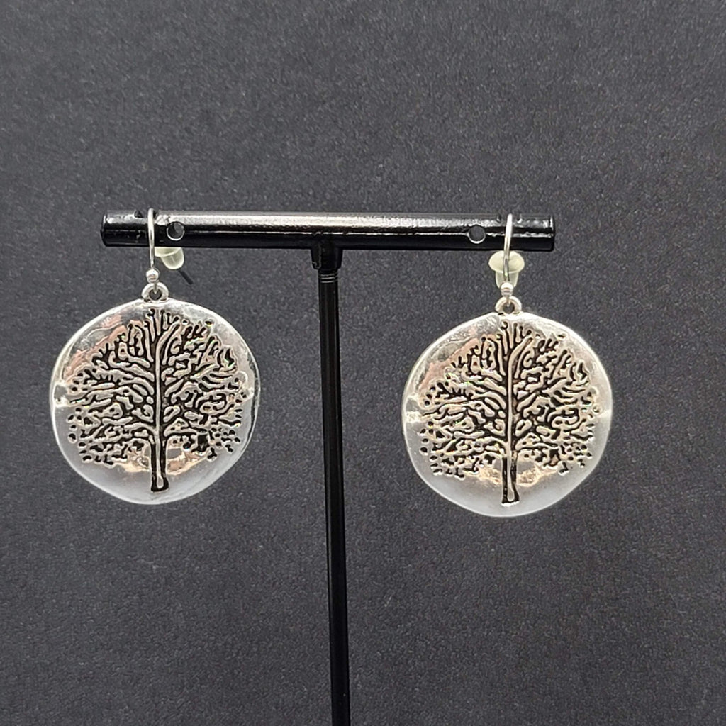 Pierced Earrings Silver tone Embossed Tree Round Dangle 1 1/8"