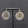 Pierced Earrings Silver tone Embossed Tree Round Dangle 1 1/8"