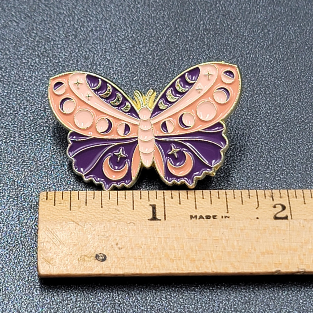 Moth Purple Peach Enamel Moon Phases Lapel Hat Pin 1.5"