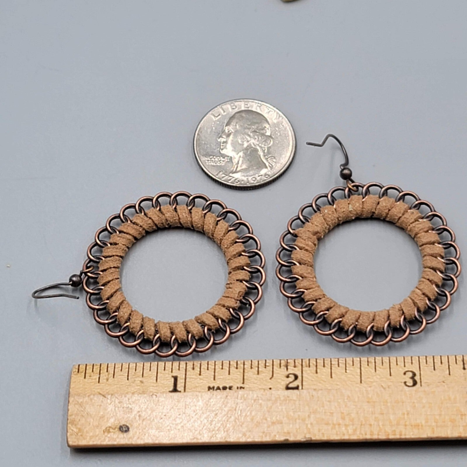 Pierced Earrings Bronze tone Dangle Faux Suede Leather Wrapped 1 5/8"