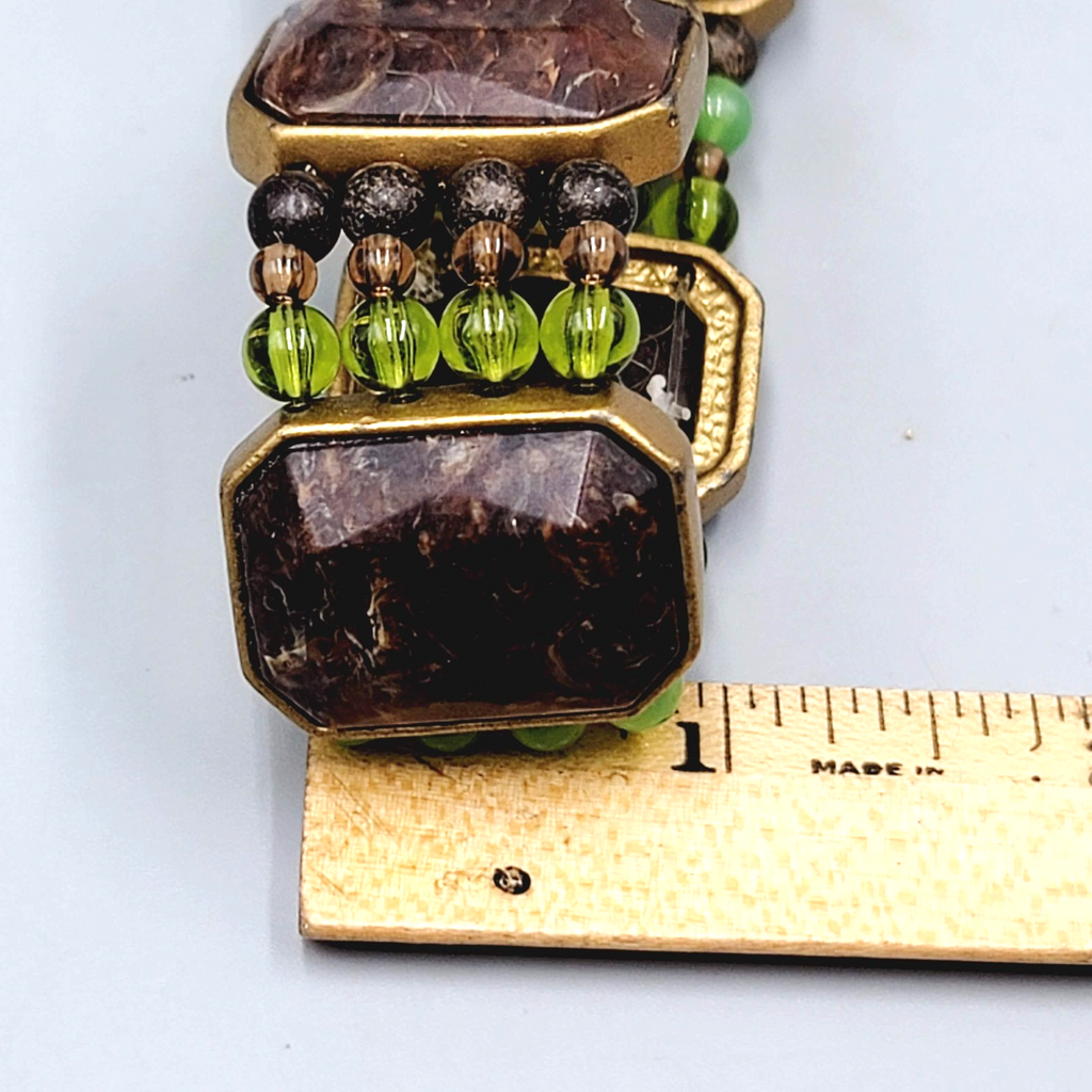Brown Green Bead Bracelet Stretch Elastic Statement 7"