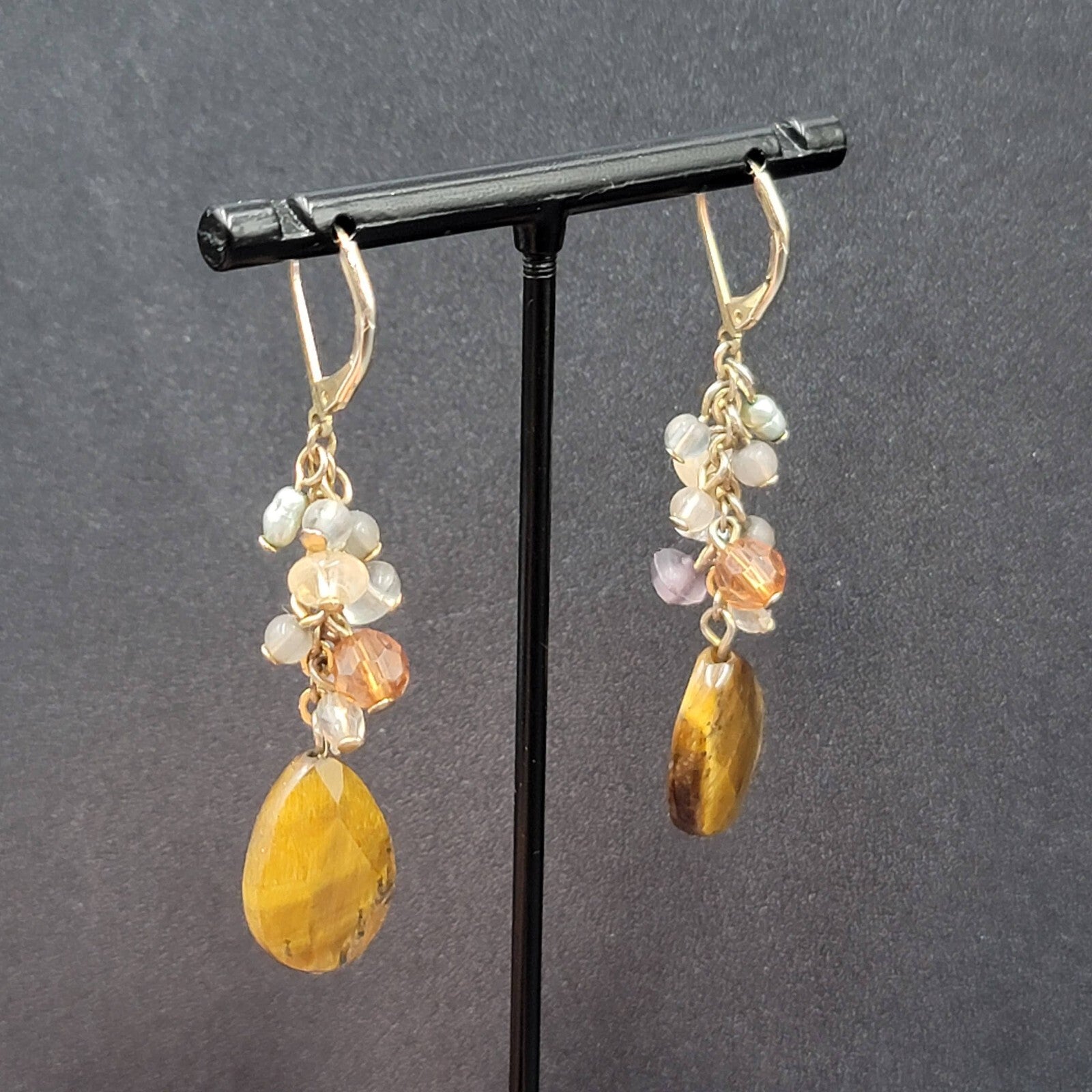 Pierced Earrings Silver tone Glass Bead Tigers Eye Teardrop 1.75"