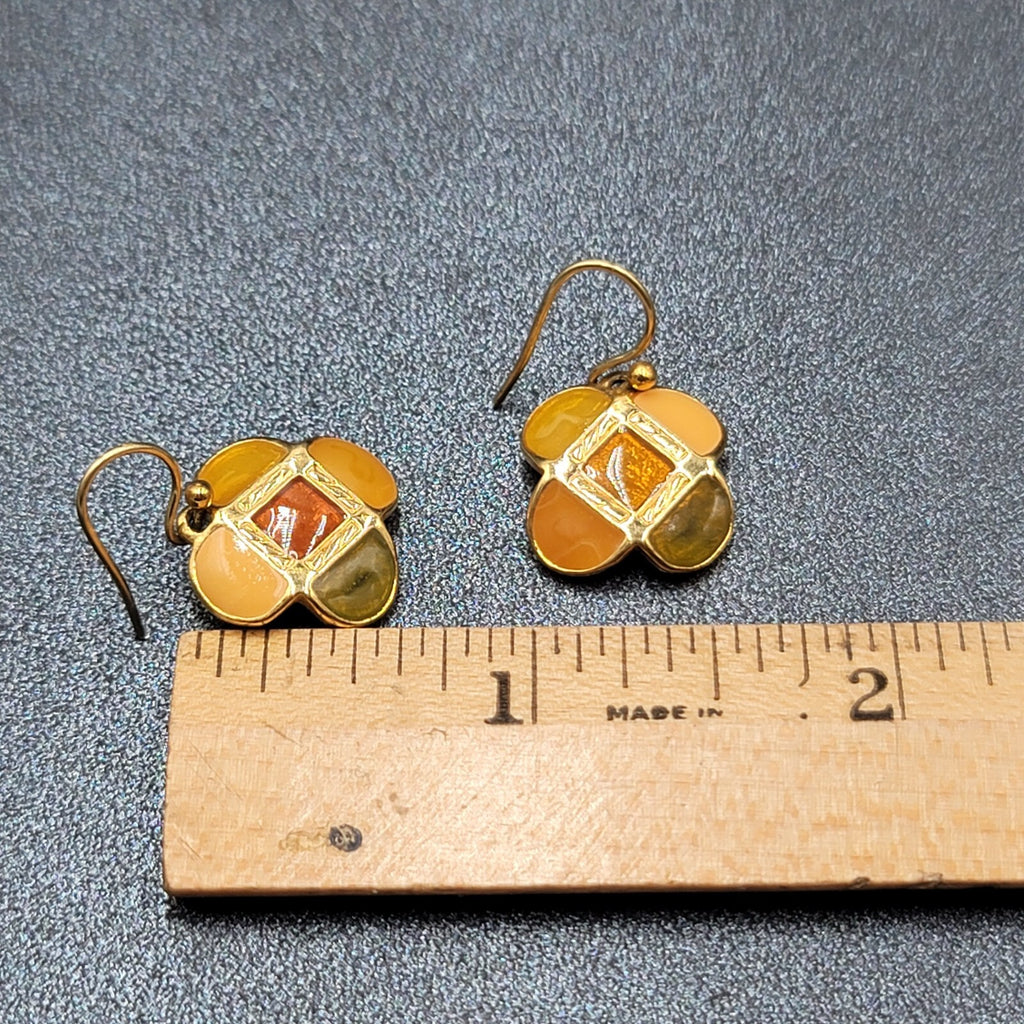 Ann Klein Pierced Earrings Gold Plated Orange Green Enamel Dangle 5/8"