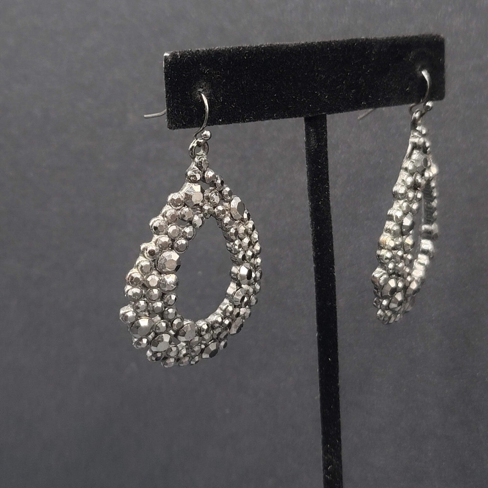 Pierced Earrings Black Metal Rhinestone Open Teardrop 1.75"