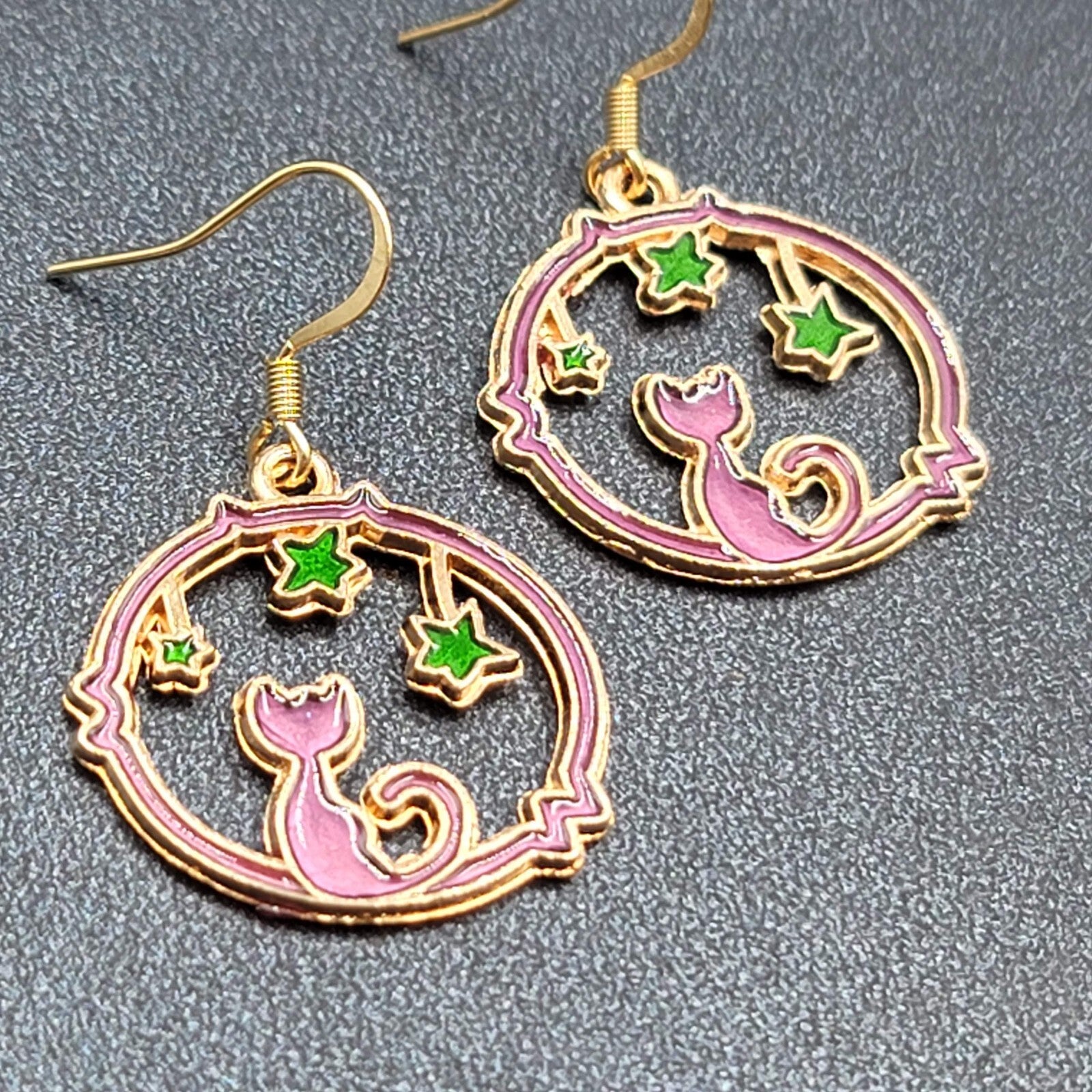New Cat Pierced Earrings Gold tone Green Stars Purple Enamel Dangle 7/8"