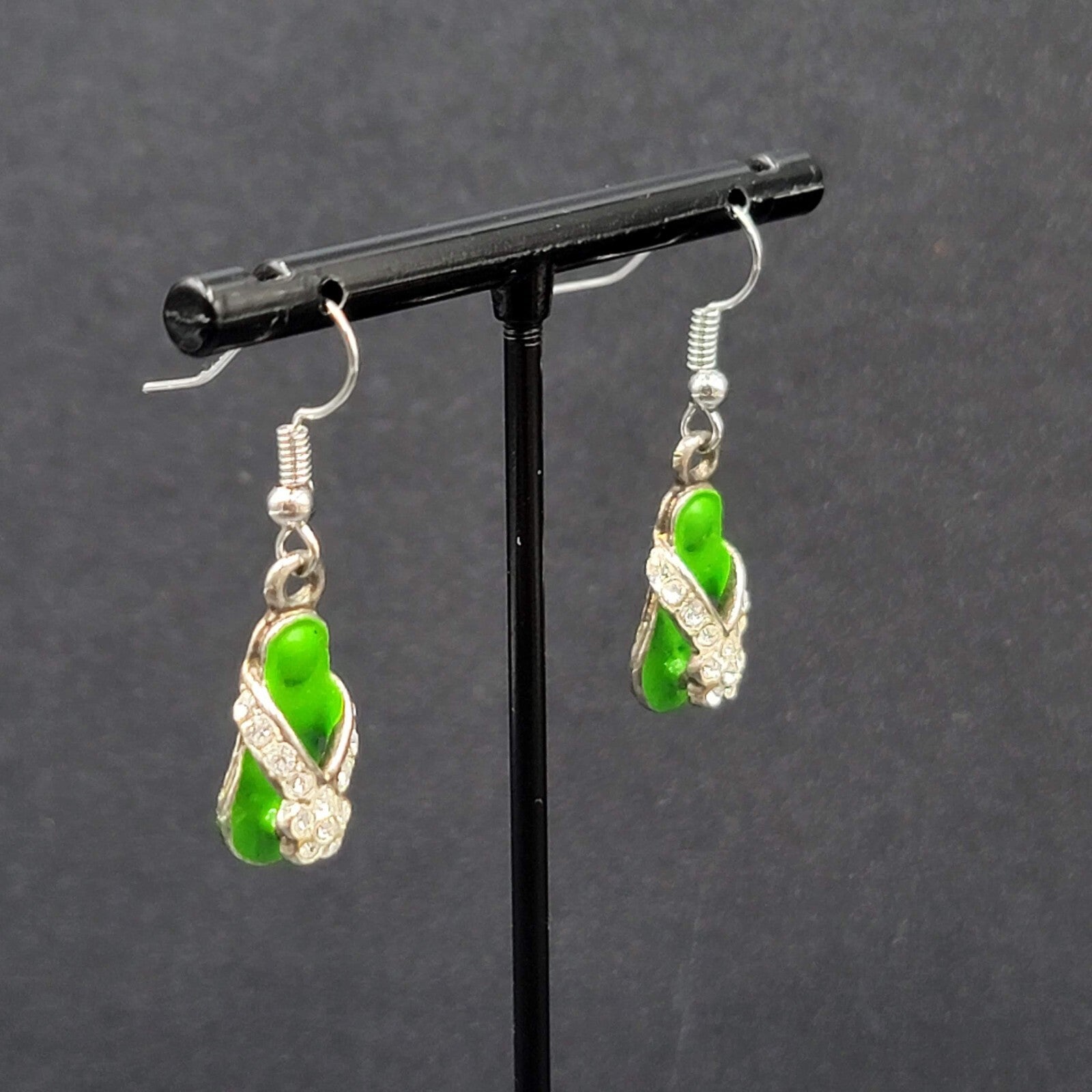 Pierced Earrings Green Enamel Flip Flop Rhinestone Dangle 1"