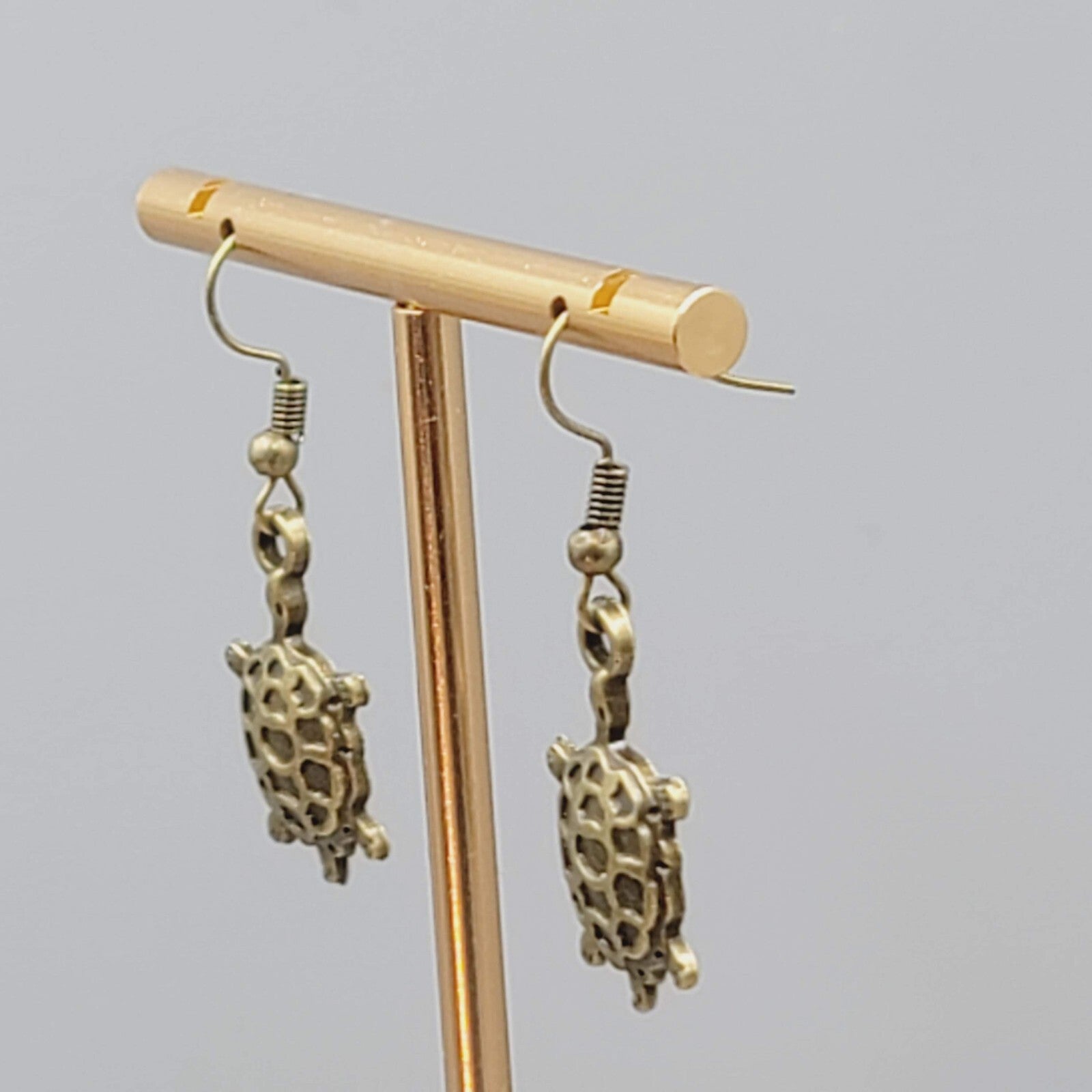 New Turtle Pierced Earrings Bronze tone Embossed Dangle 1"