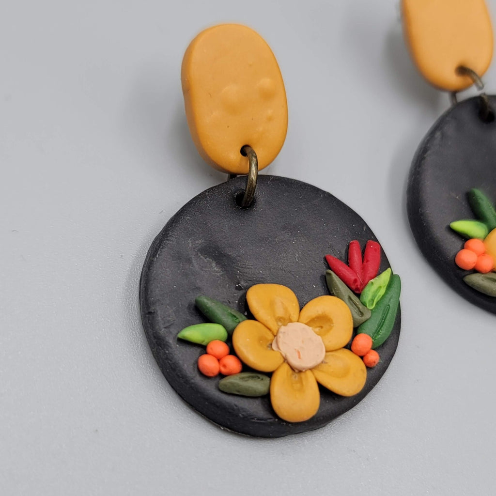 Polymer Clay Flower Pierced Earrings Tan Black Dangle Fall 1.75"