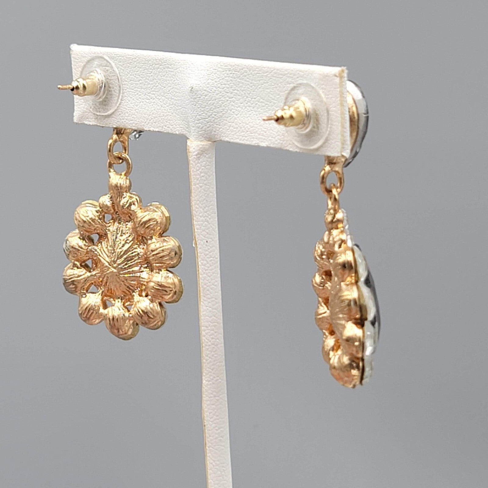 Gray Teardrop Glass Pierced Earrings Gold tone Dangle 2"