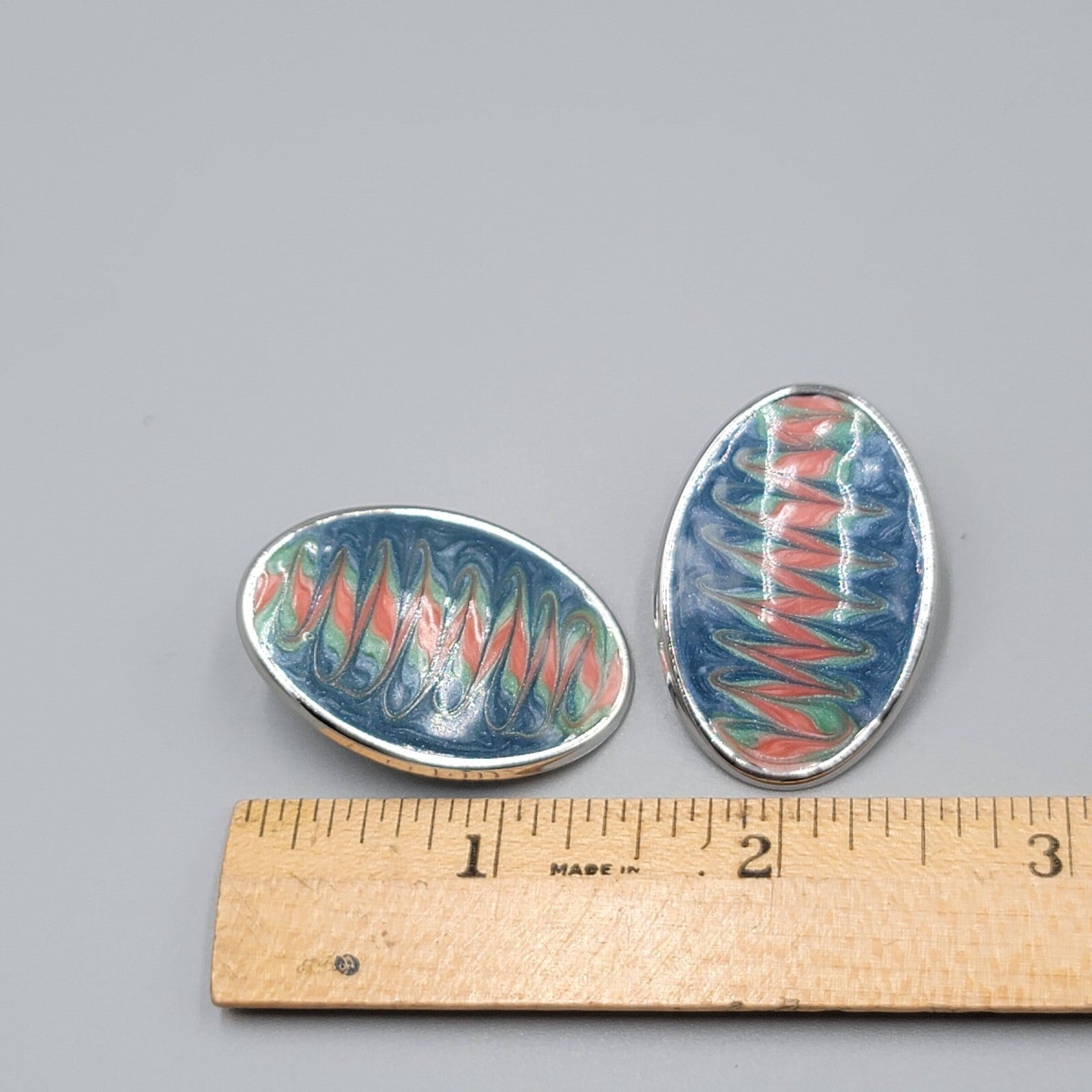 Vintage Pierced Earrings Pink Blue Enamel Silver tone Oval Drop 1 3/8"