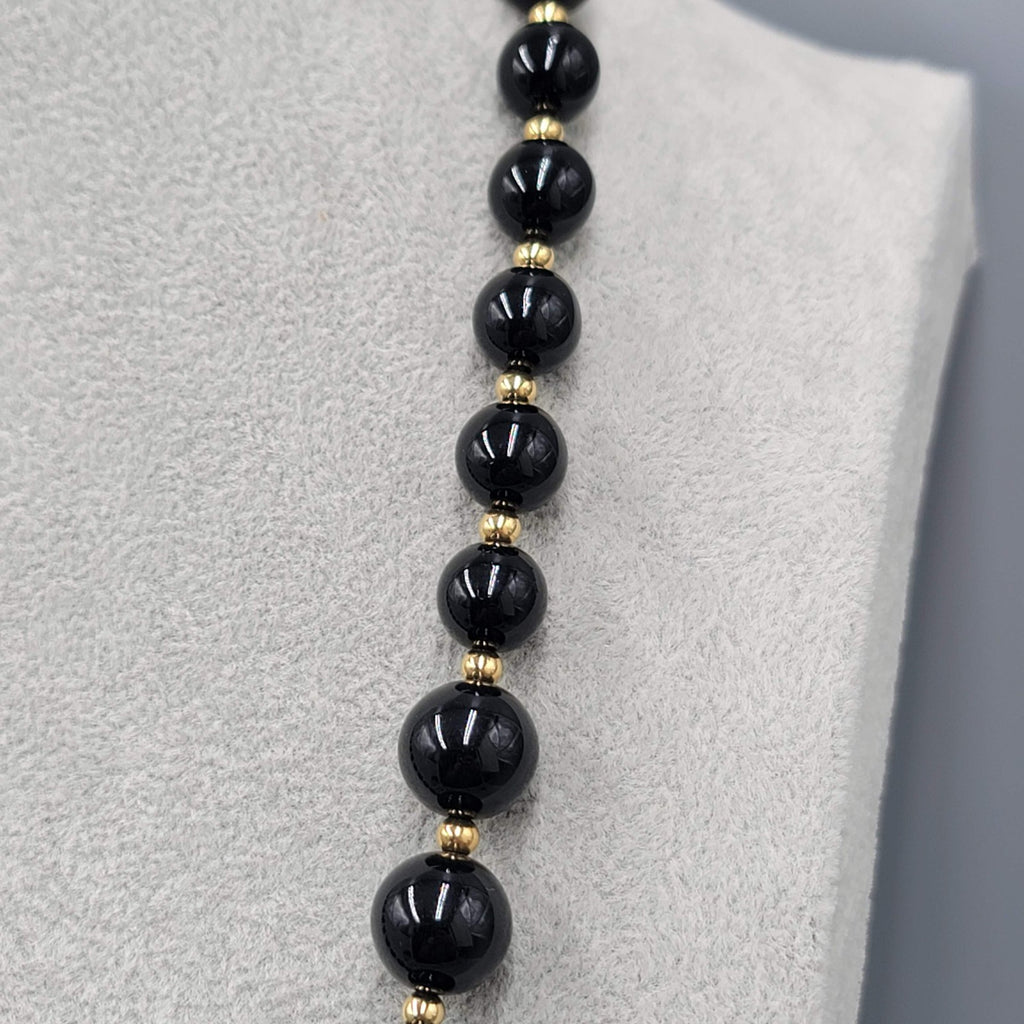 Vintage Hidden Clasp Necklace Graduated Black Bead Gold tone Spacers 24"
