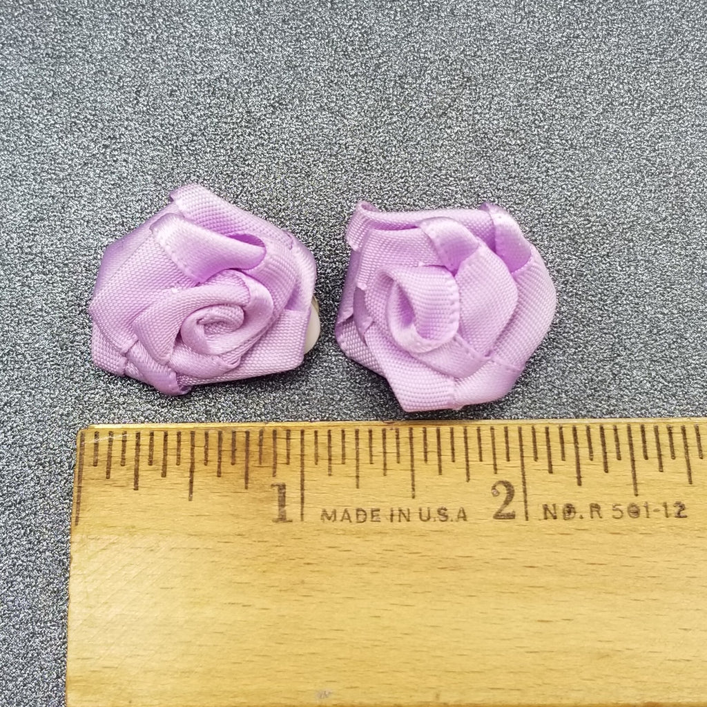 Vintage Clip on Earrings Purple Fabric Flower Bow Statement Stud 1"