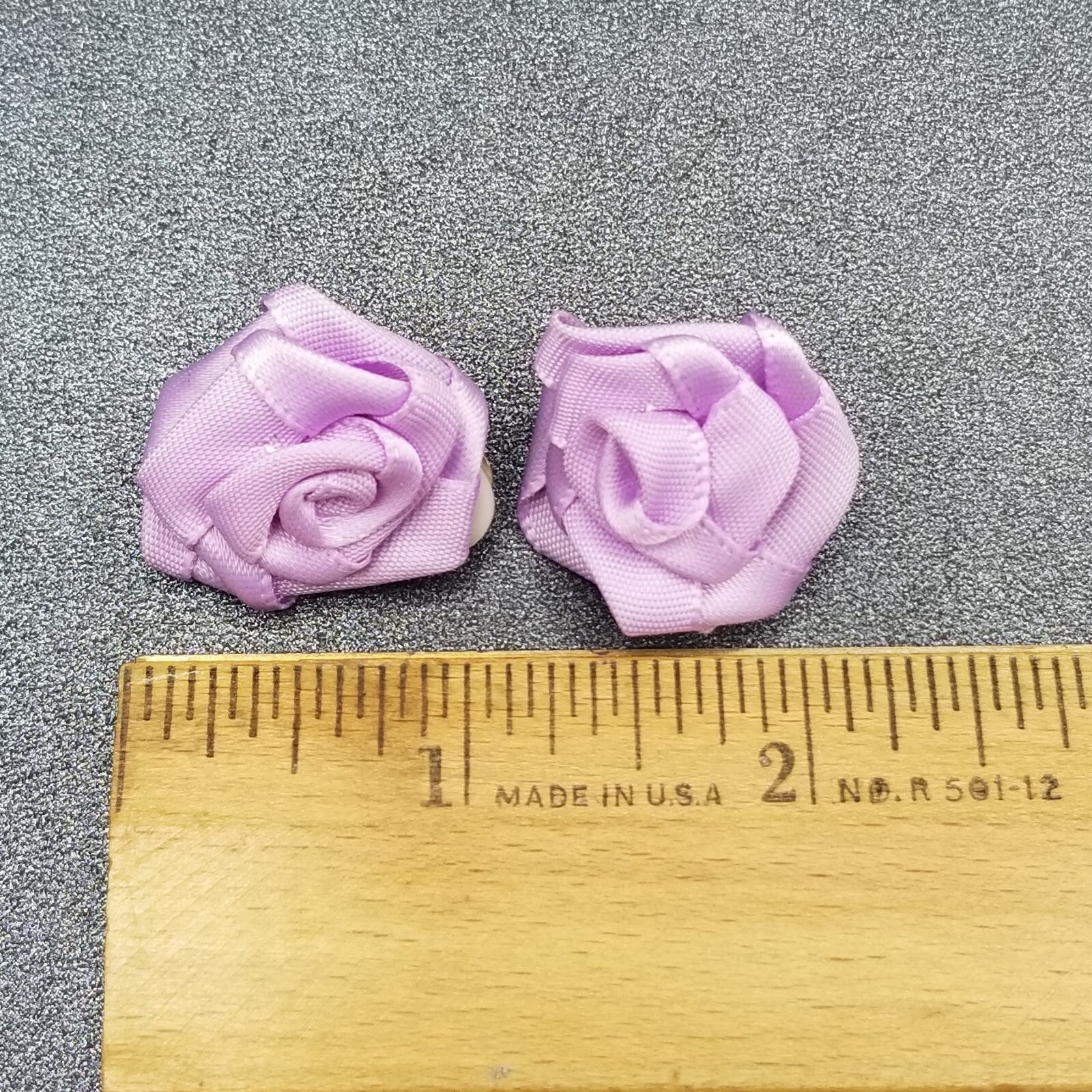 Vintage Clip on Earrings Purple Fabric Flower Bow Statement Stud 1"