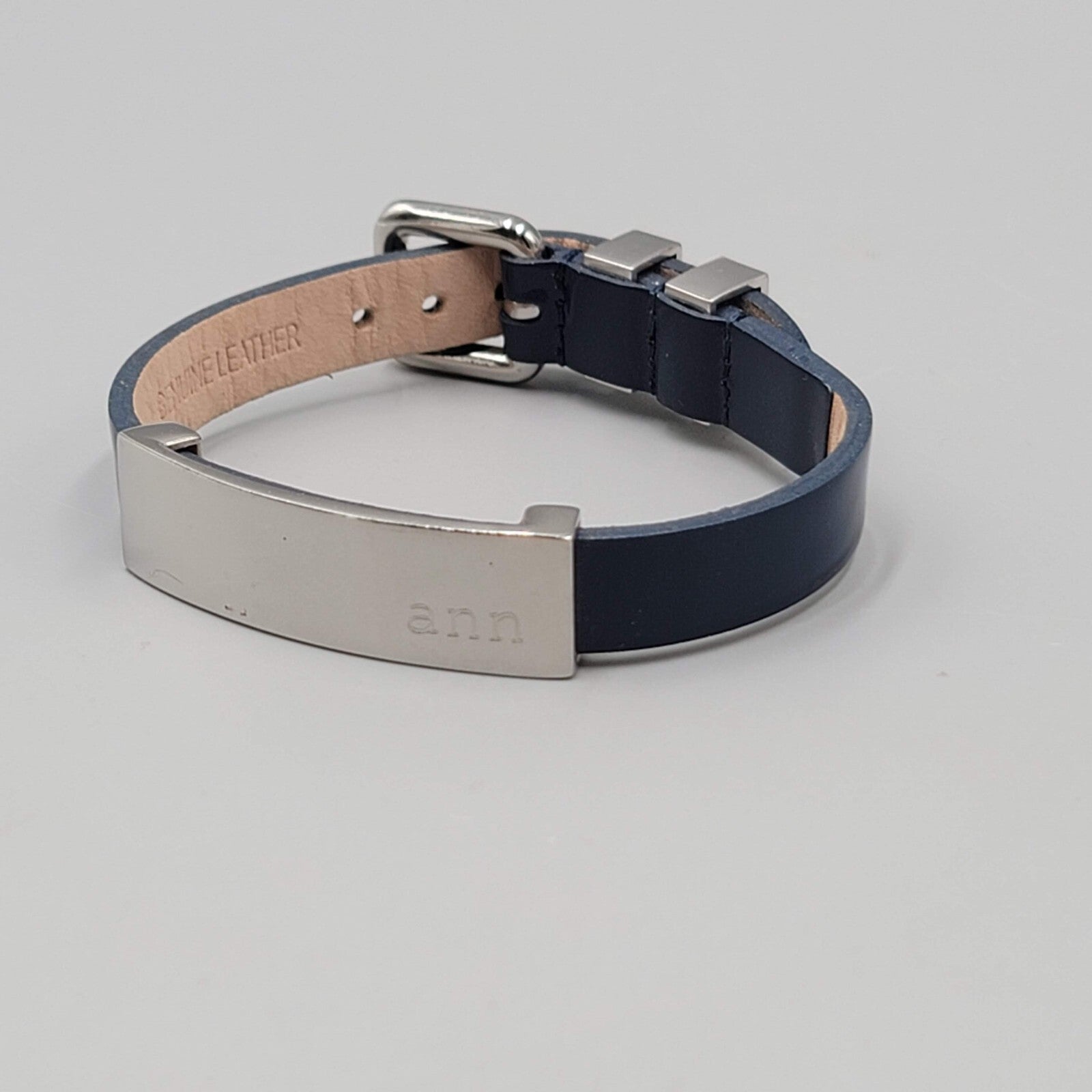 ANN ID Name Rustic Cuff Bracelet Silver Tone Navy Blue Leather RC Buckle Adj