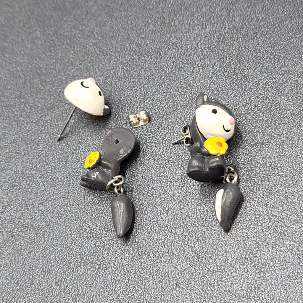 Vintage Pierced Earrings Gray Hand Painted 3D Skunk Dangle 1.25"