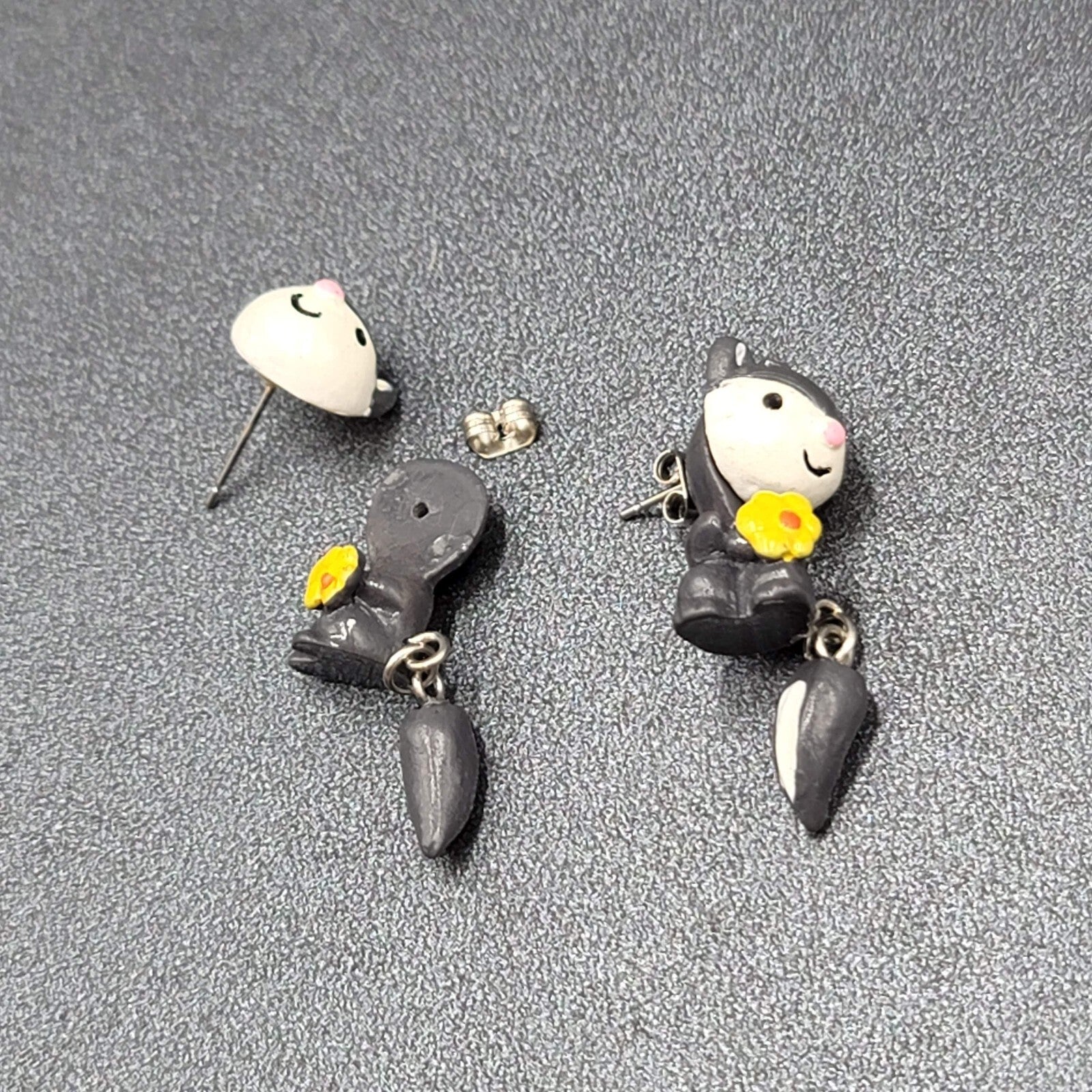 Vintage Pierced Earrings Gray Hand Painted 3D Skunk Dangle 1.25"