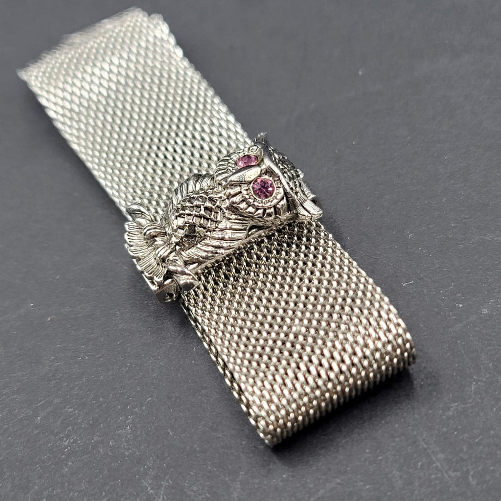 Vintage Sarah Coventry NOCTURNE Silvertone Mesh Owl Bracelet 1972