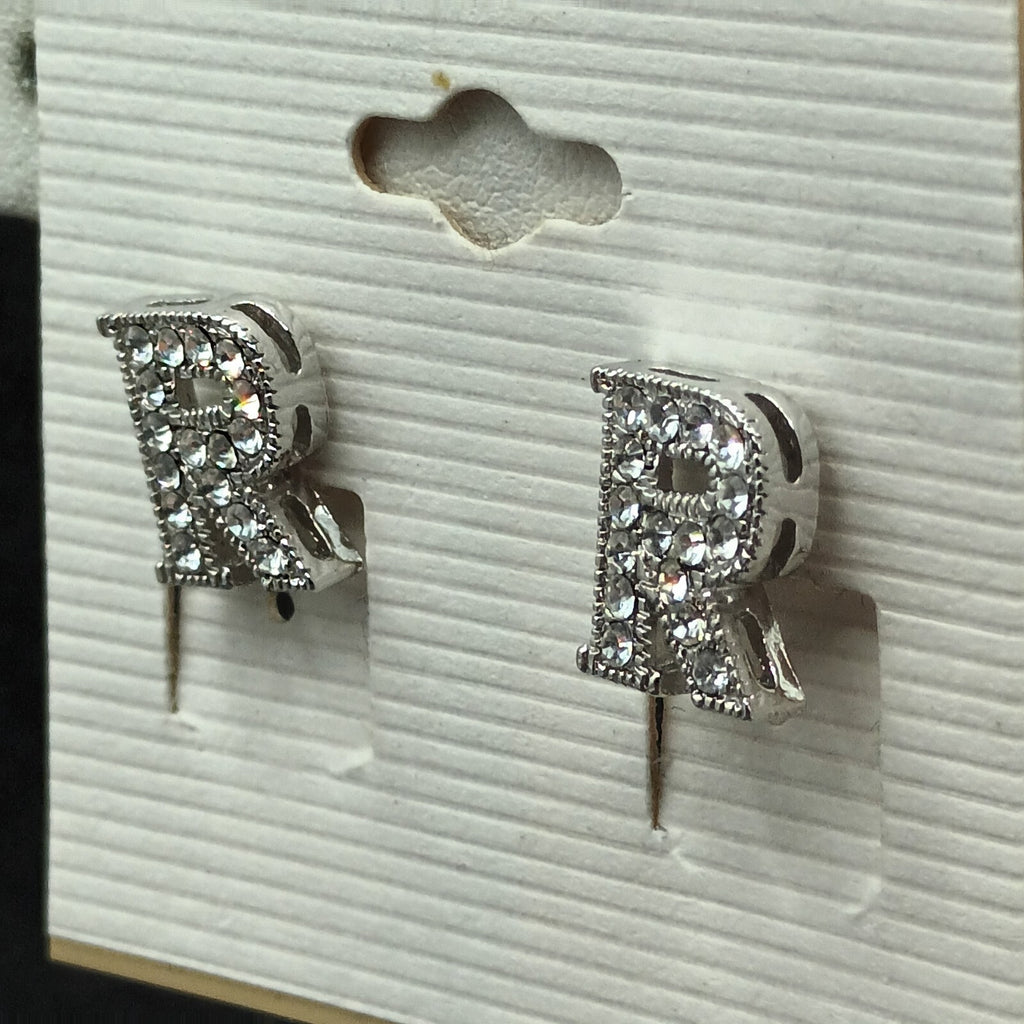 Pierced Earrings Silver tone Rhinestone Letter R Studs 1/2" New Old Stock