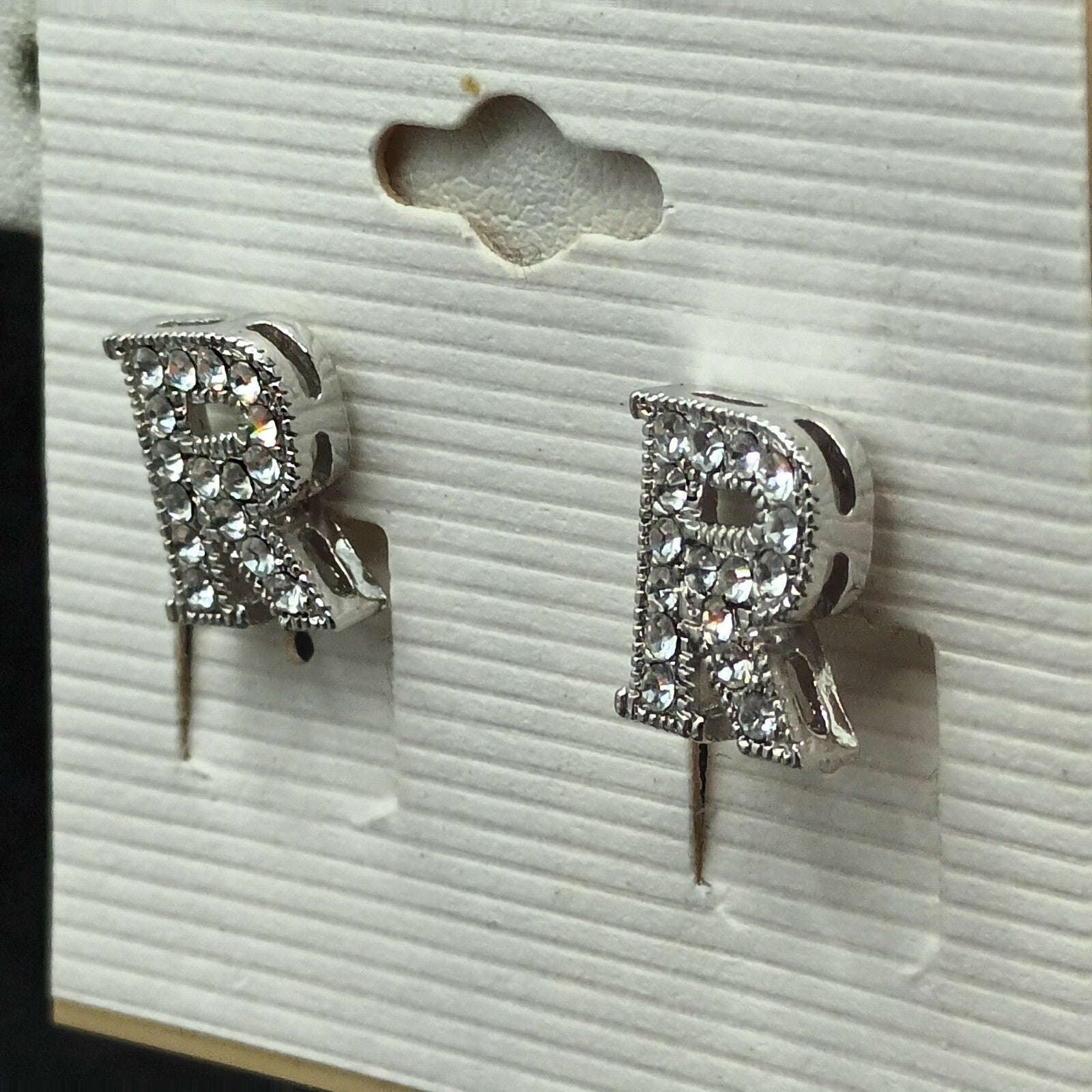 Pierced Earrings Silver tone Rhinestone Letter R Studs 1/2" New Old Stock