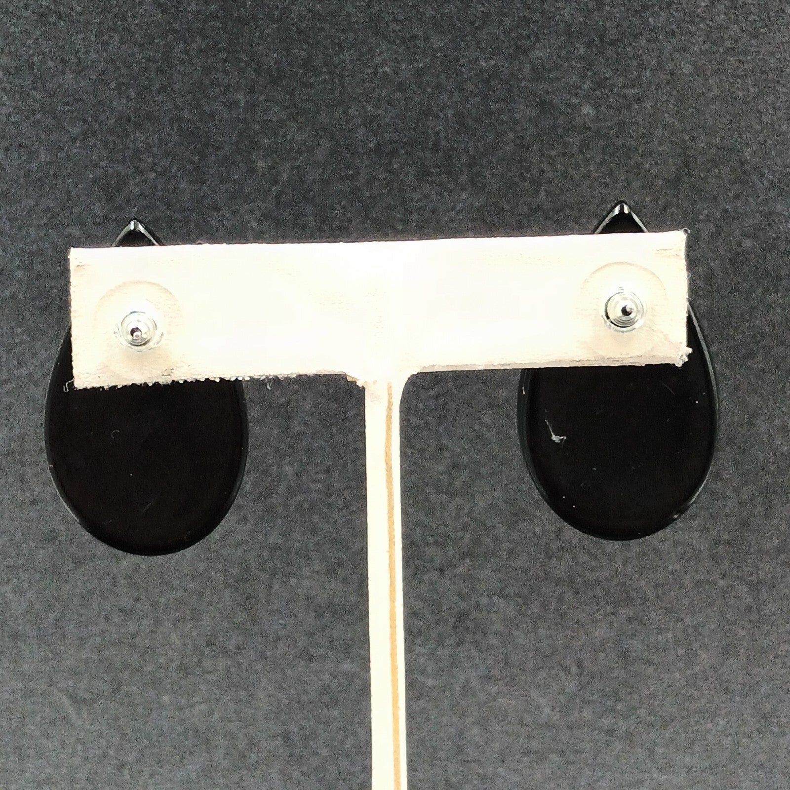 Vintage Pierced Earrings Mother of Pearl Inlaid Black Acrylic Teardrop Drop 1.5"