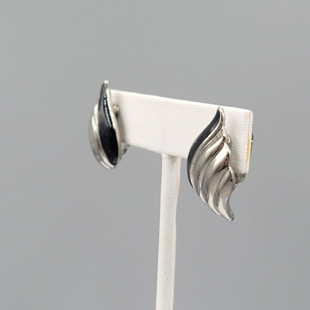Vintage Climber Clip on Earrings Silver tone Black Enamel 1"