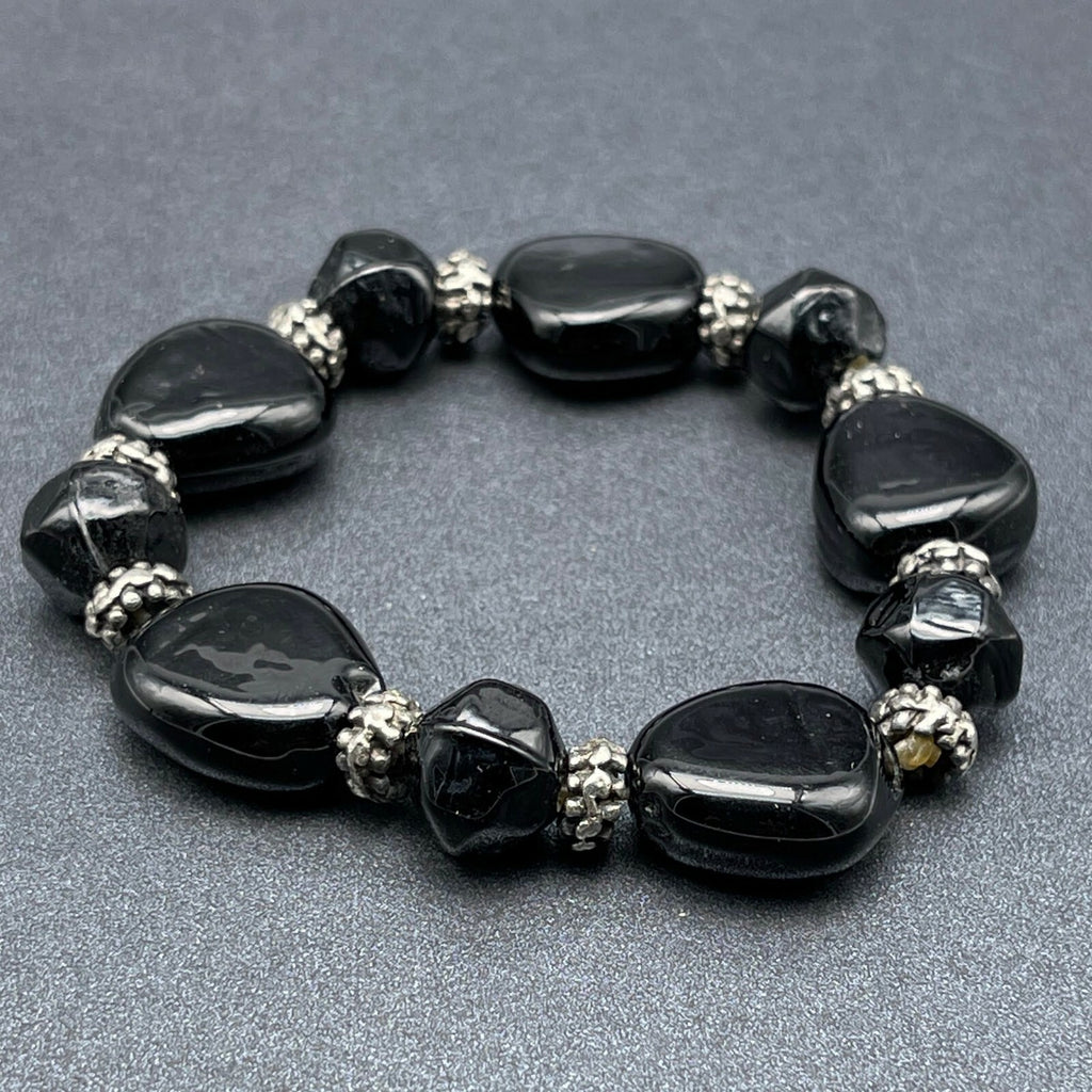 Black Glass and Silver tone Bead Beaded Stretch Elastic Bracelet