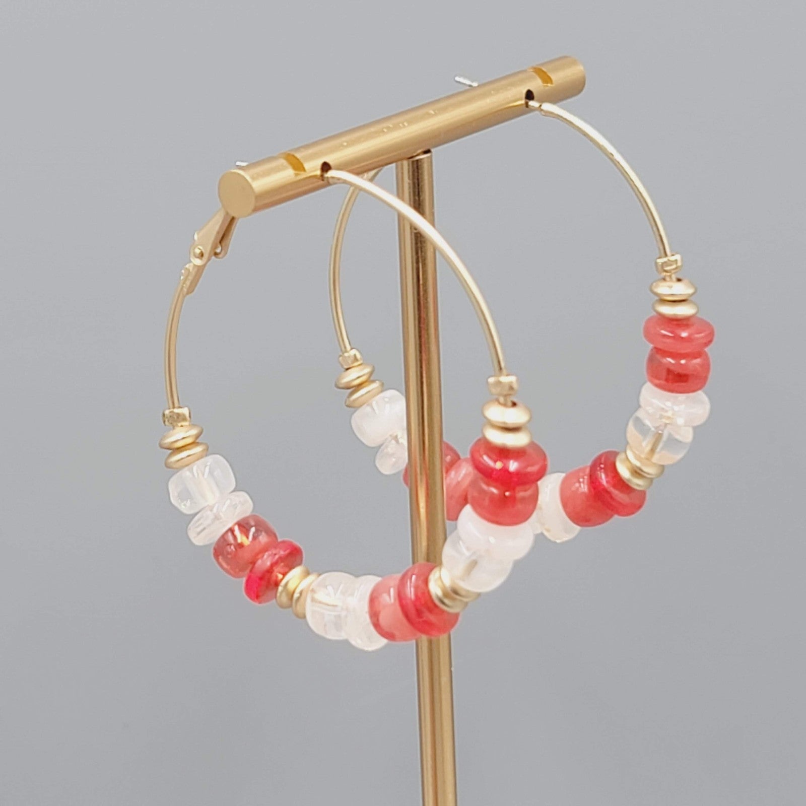 Red White Bead Pierced Earrings Gold tone Hoops 2"