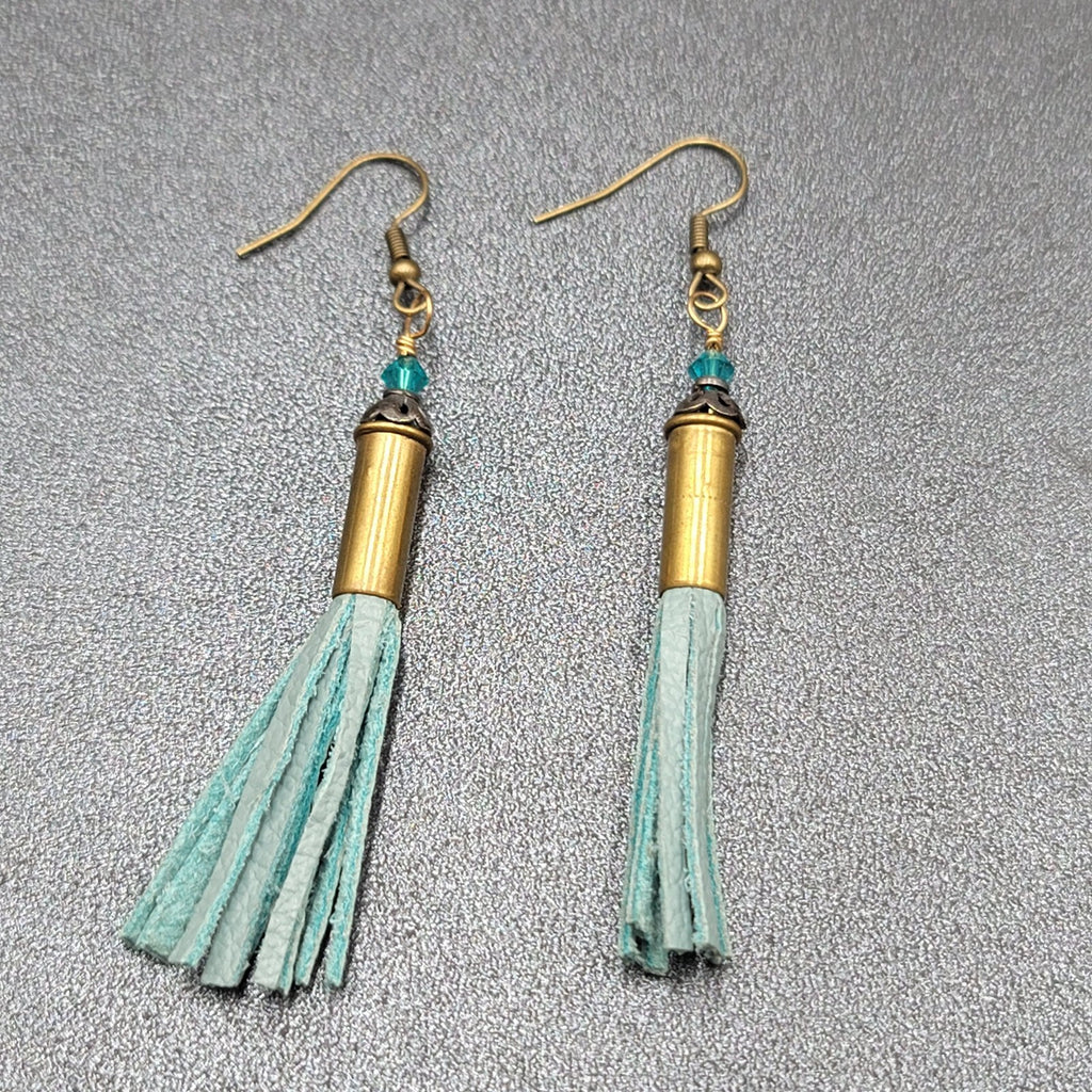 Pierced Earrings Bronze tone Blue Bead Tassel Dangle Boho 2.25"