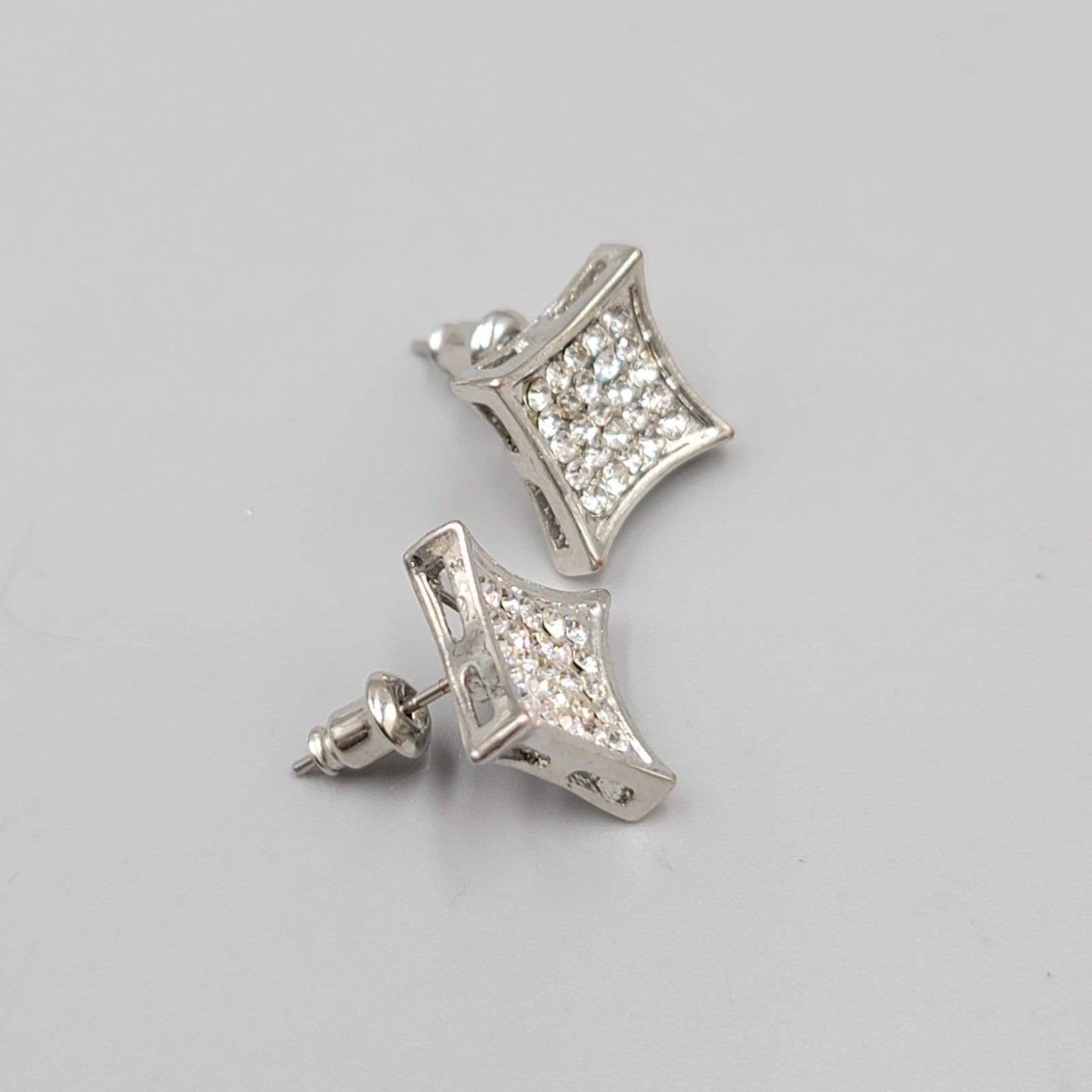 Crystal Square Studs Pierced Earrings Silver tone 1/2 in