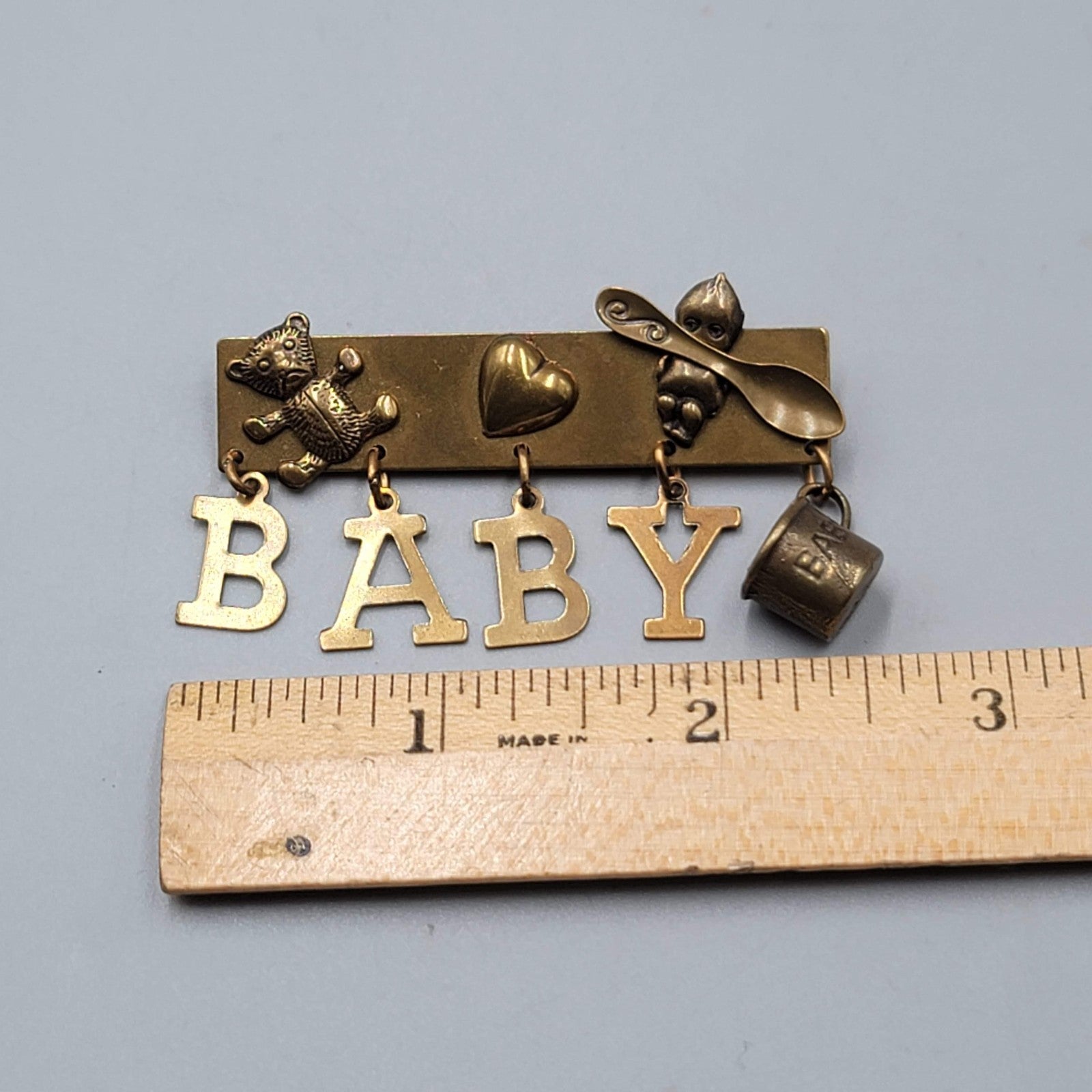 Jan Michaels San Francisco Brooch BABY Charm Dangle Brass 2.25"