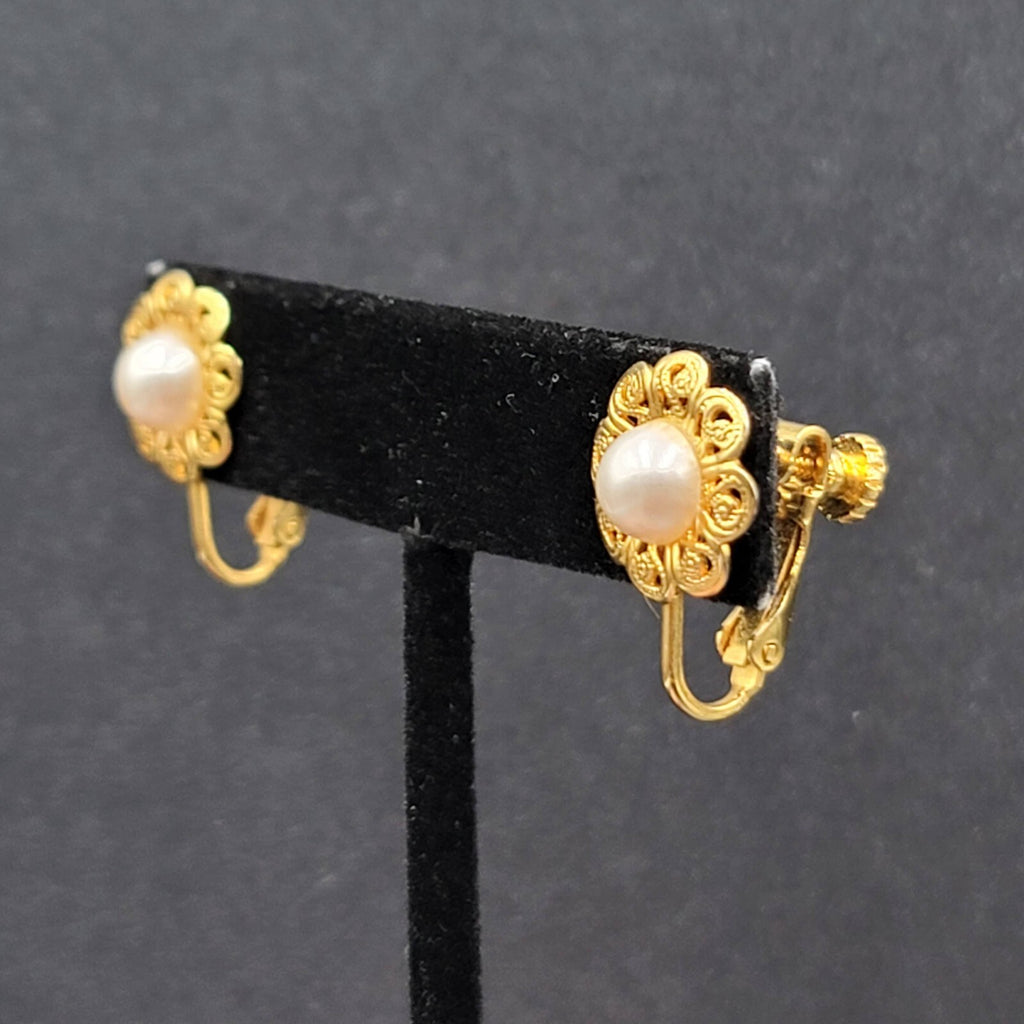 Vintage Clip on Earrings Gold tone Faux Pearl Filigree Flower Studs 1/2"