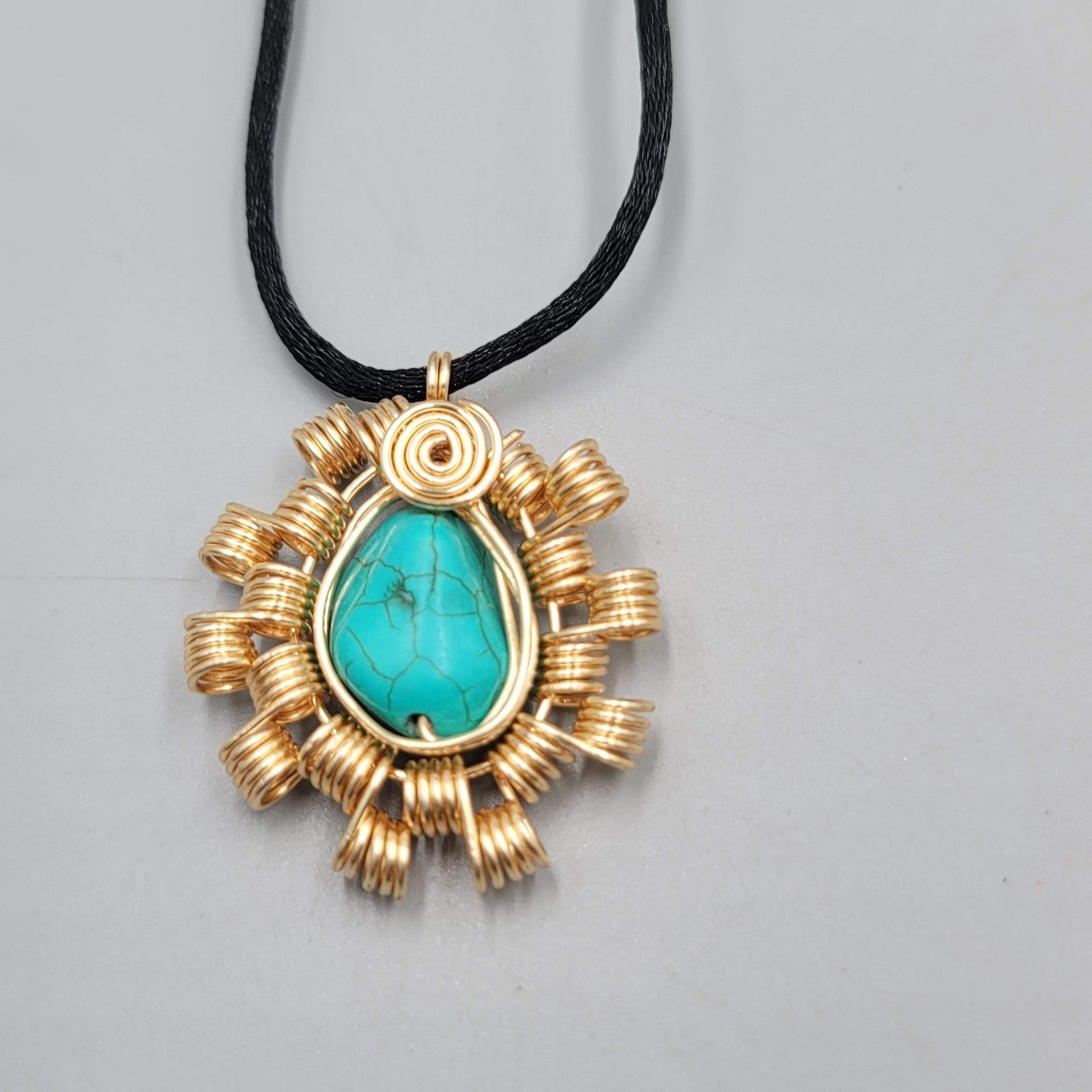 Handmade Wire Wrapped Gold tone Blue Howlite Black Cord 20"