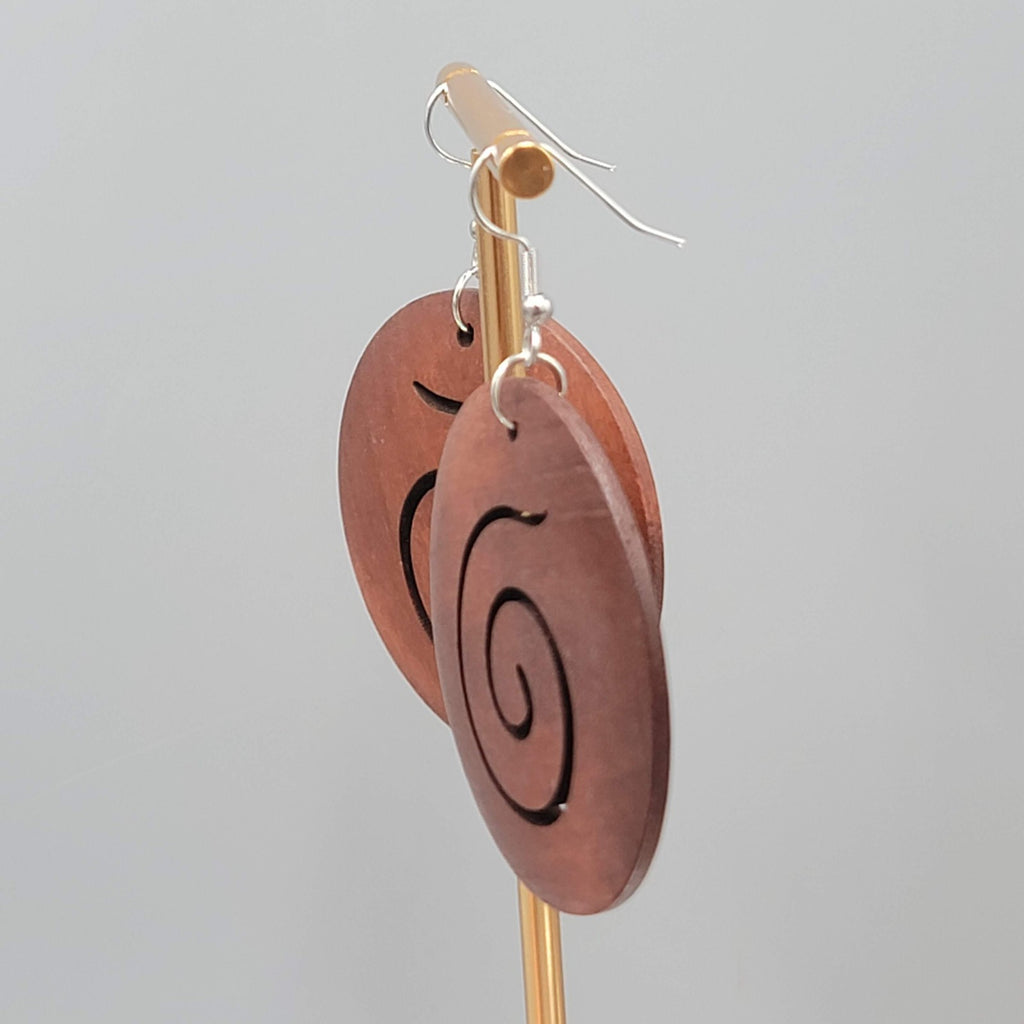 Wood Cut Large Round Swirl Boho Pierced Earrings Silver tone Dangle 2 in