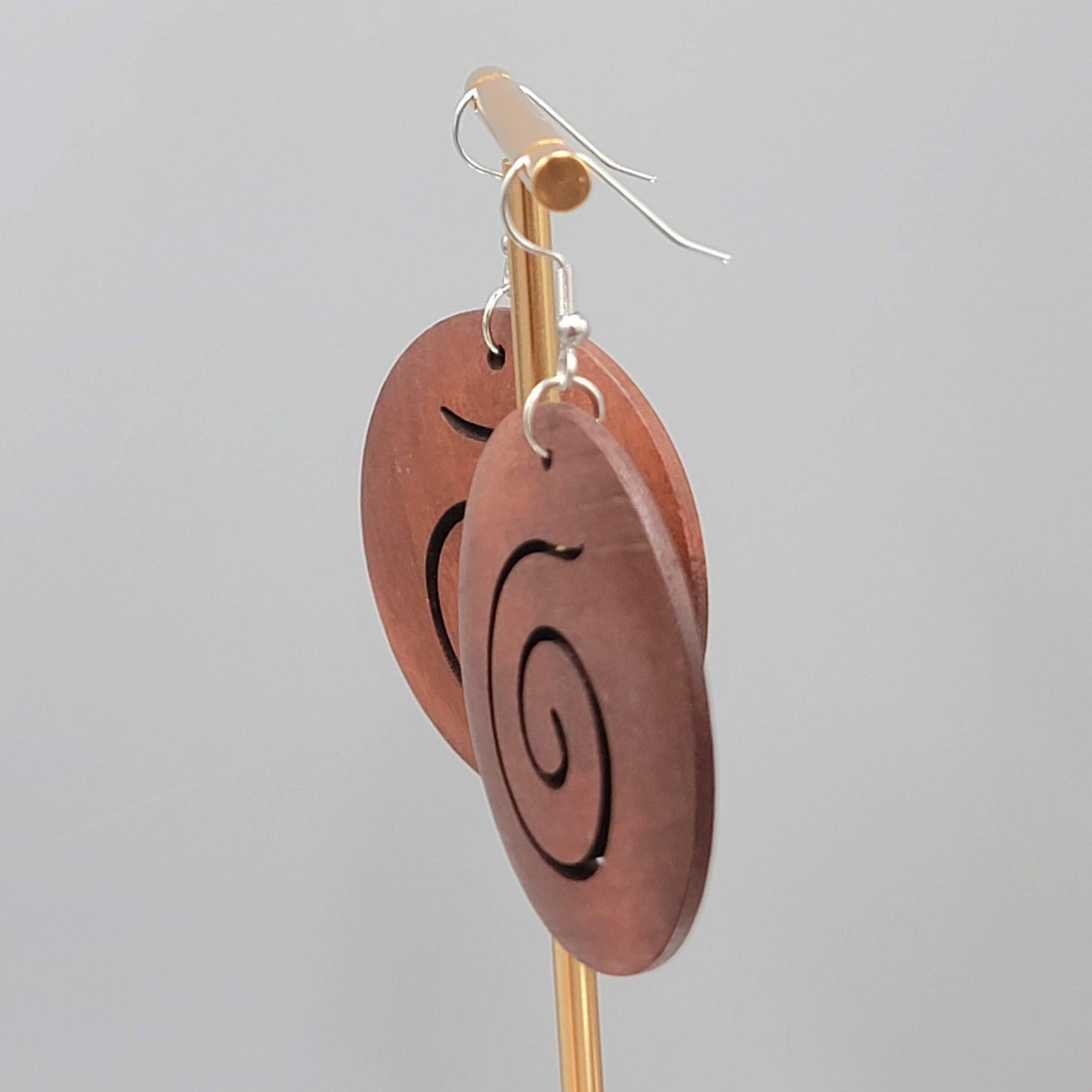 Wood Cut Large Round Swirl Boho Pierced Earrings Silver tone Dangle 2 in
