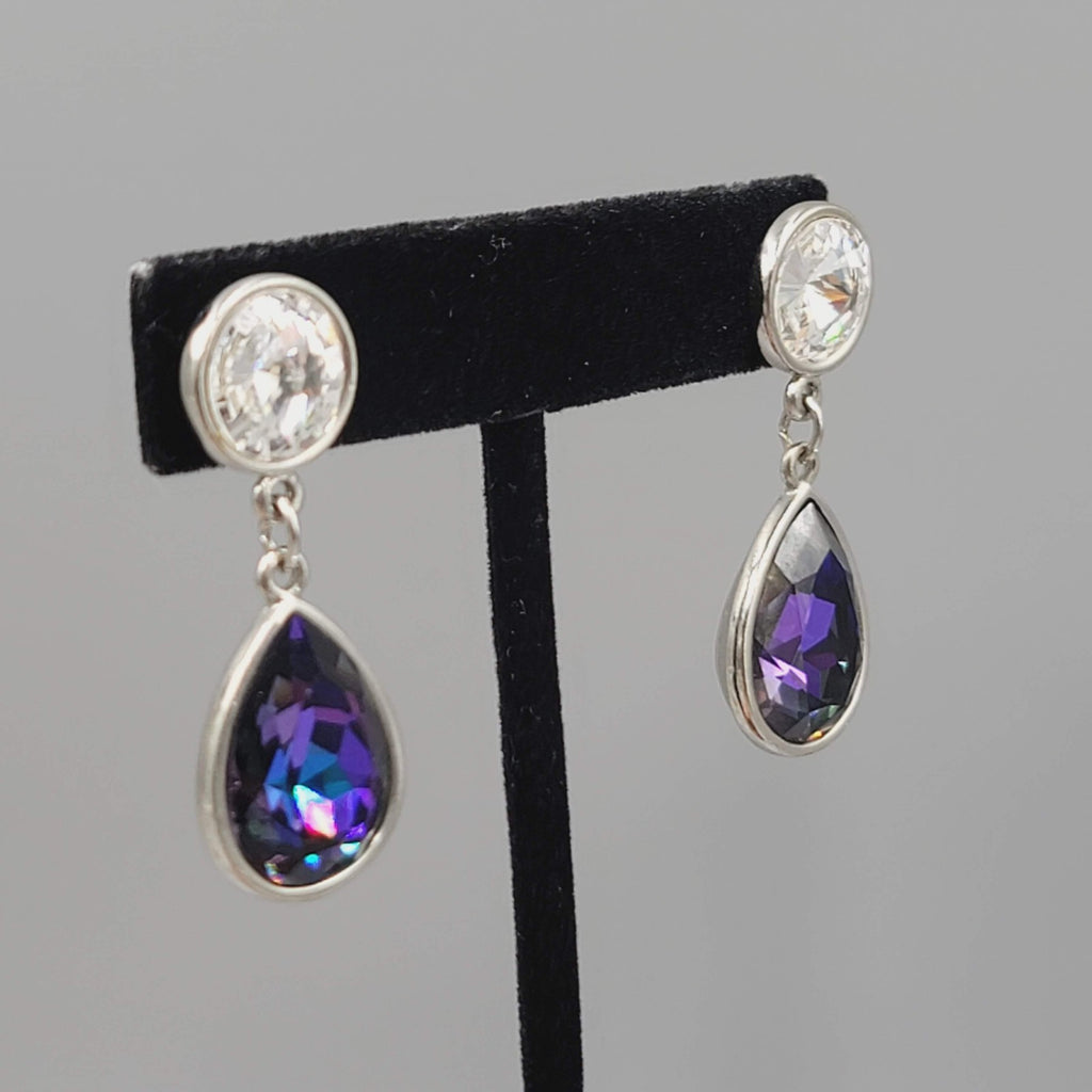 Brilliant Purple Crystal Teardrop Pierced Earrings Silver tone Dangle 1.5"