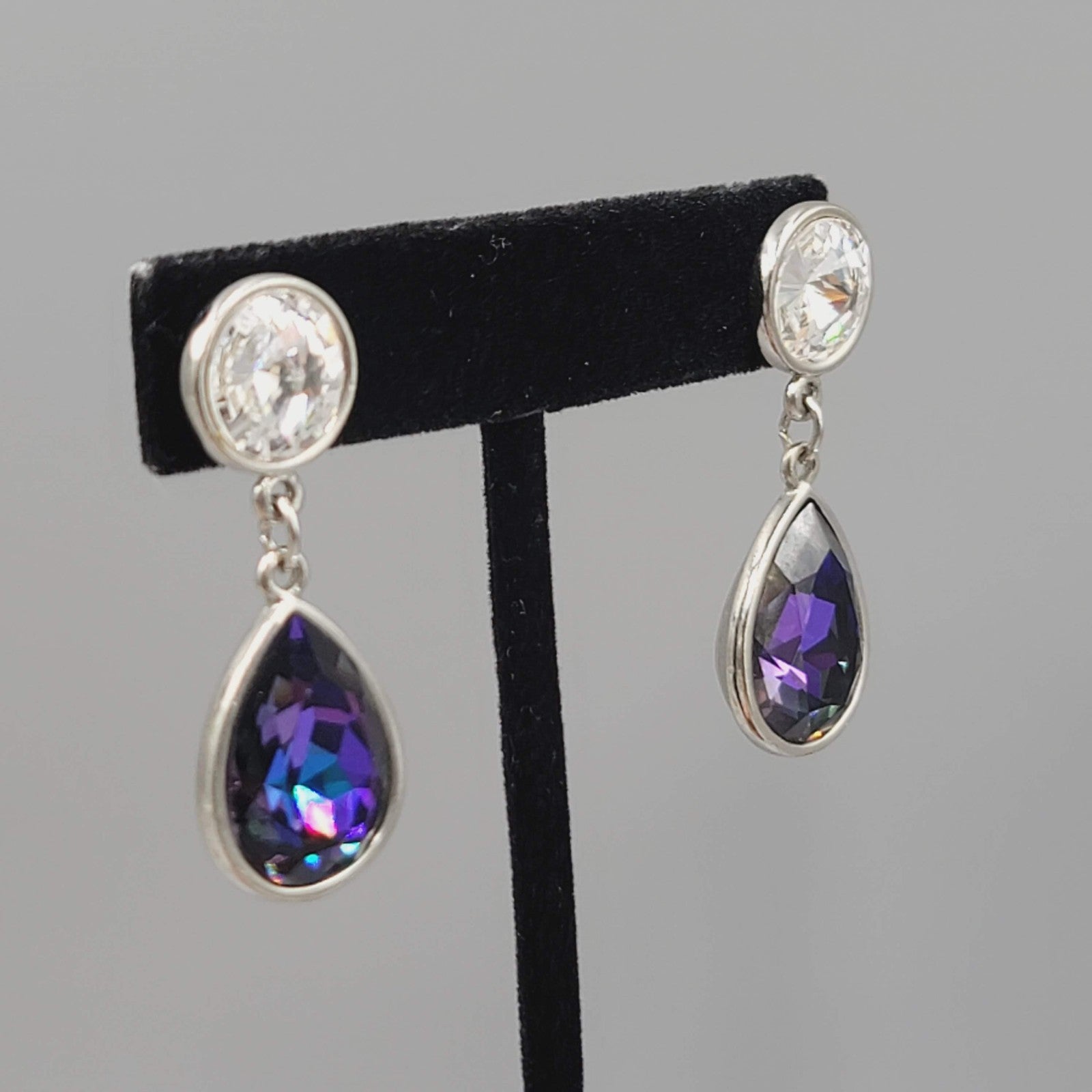 Brilliant Purple Crystal Teardrop Pierced Earrings Silver tone Dangle 1.5"