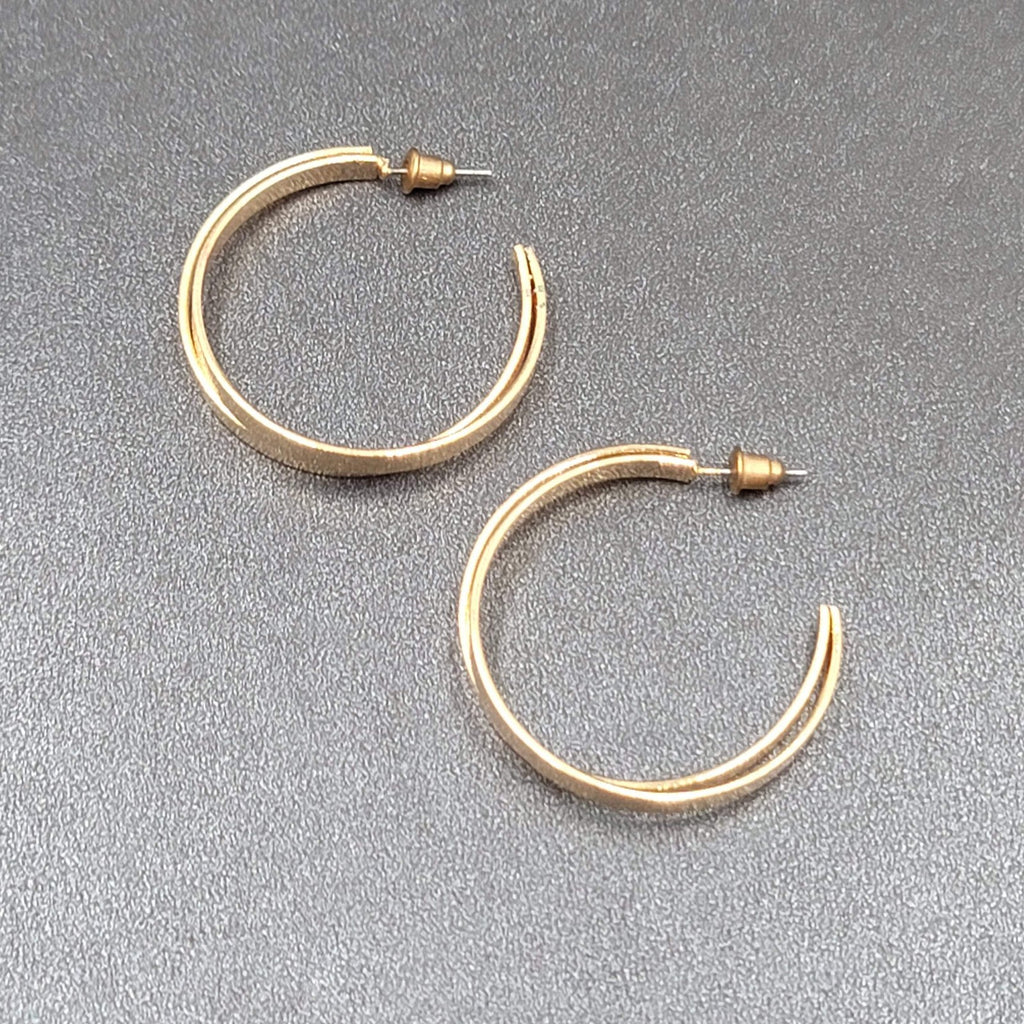 Pierced Earrings Gold tone Textured Double Hoops 1.5"