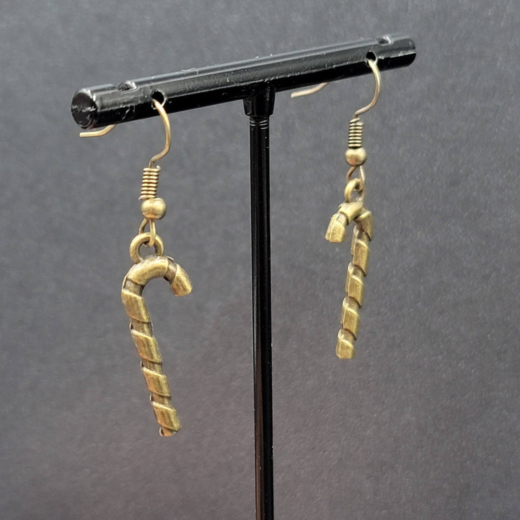 Candy Cane Pierced Earrings Embossed Bronze tone Dangle 1"