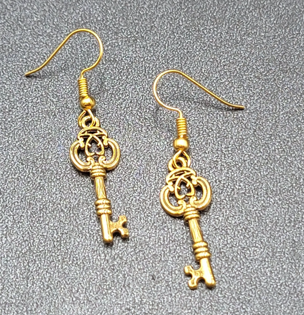 Skeleton Key Pierced Earrings Gold Plated Dangle 1"