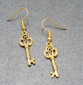 Skeleton Key Pierced Earrings Gold Plated Dangle 1"