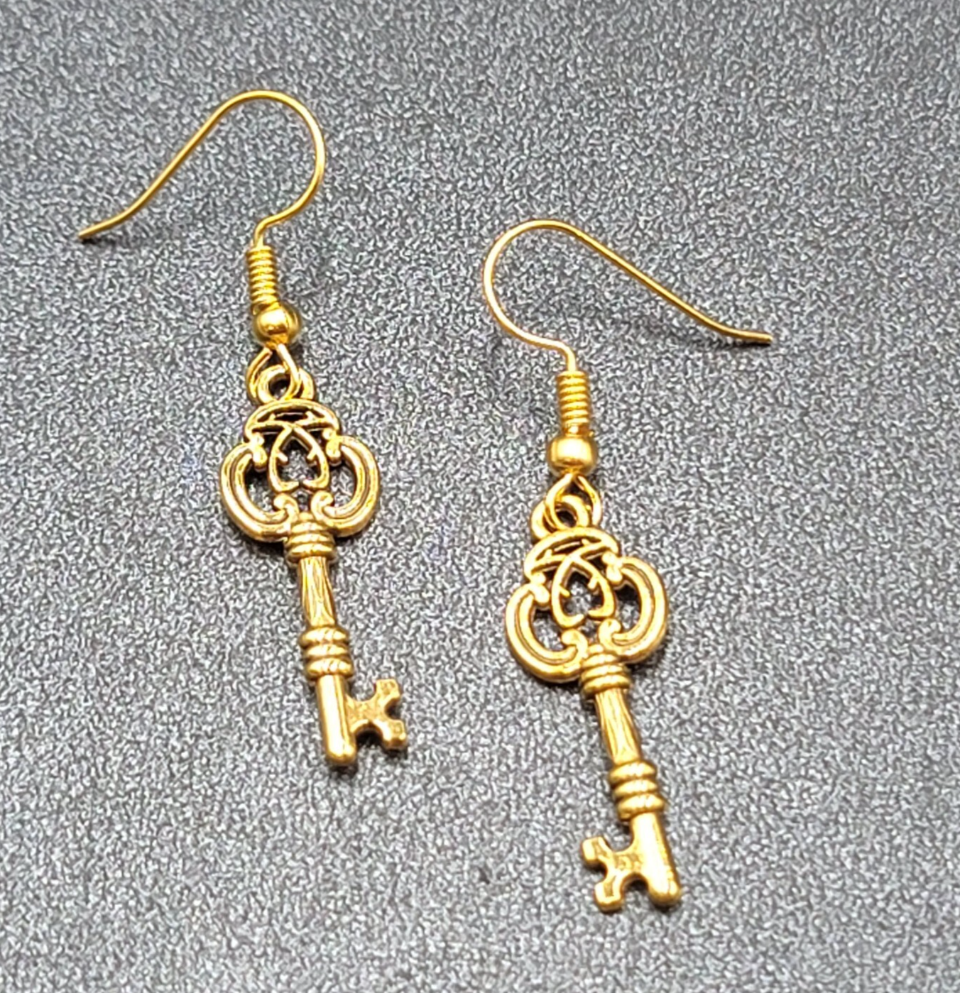 Skeleton Key Pierced Earrings Gold Plated Dangle 1"