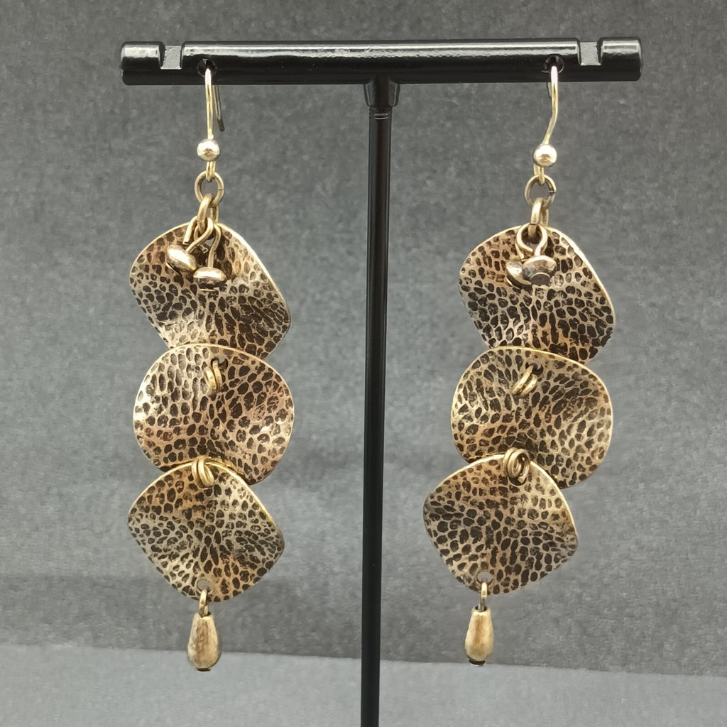 Pierced Earrings Antiqued Hammered Gold tone Wavy Circles Statement Drop 2 3/8"