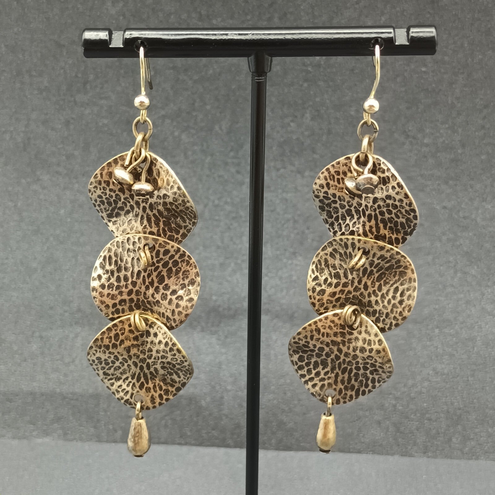 Pierced Earrings Antiqued Hammered Gold tone Wavy Circles Statement Drop 2 3/8"