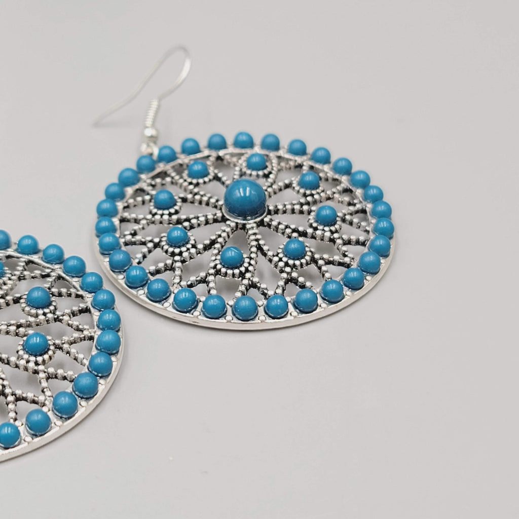 Round Blue Bead Dangle Pierced Earrings Silver Tone Statement 1.5"