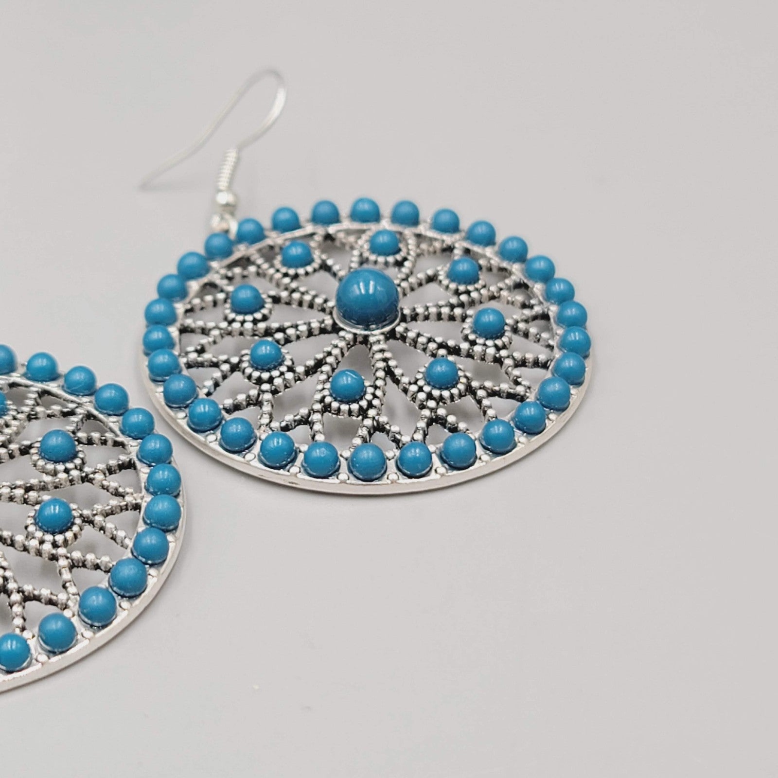 Round Blue Bead Dangle Pierced Earrings Silver Tone Statement 1.5"