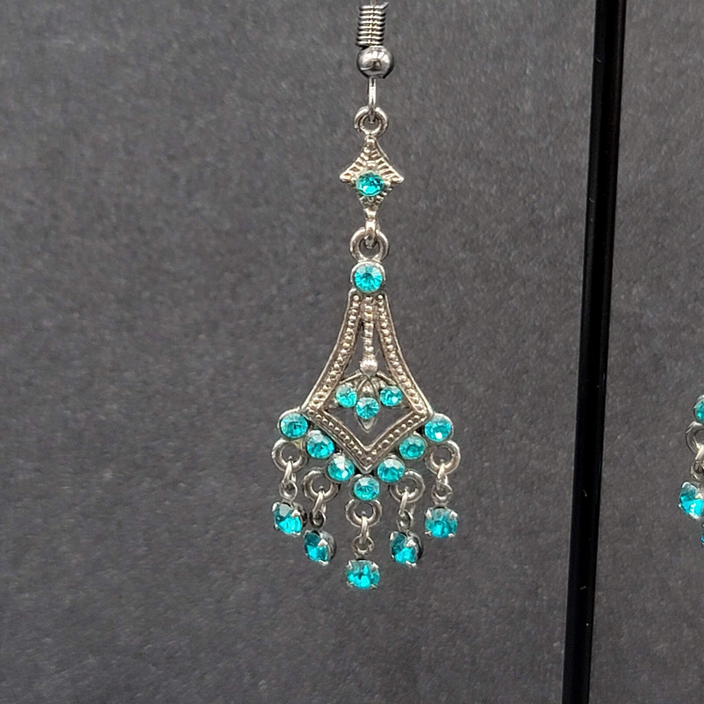 Pierced Earrings Black Metal Bright Blue Rhinestone Dangle Chandelier 1.75"