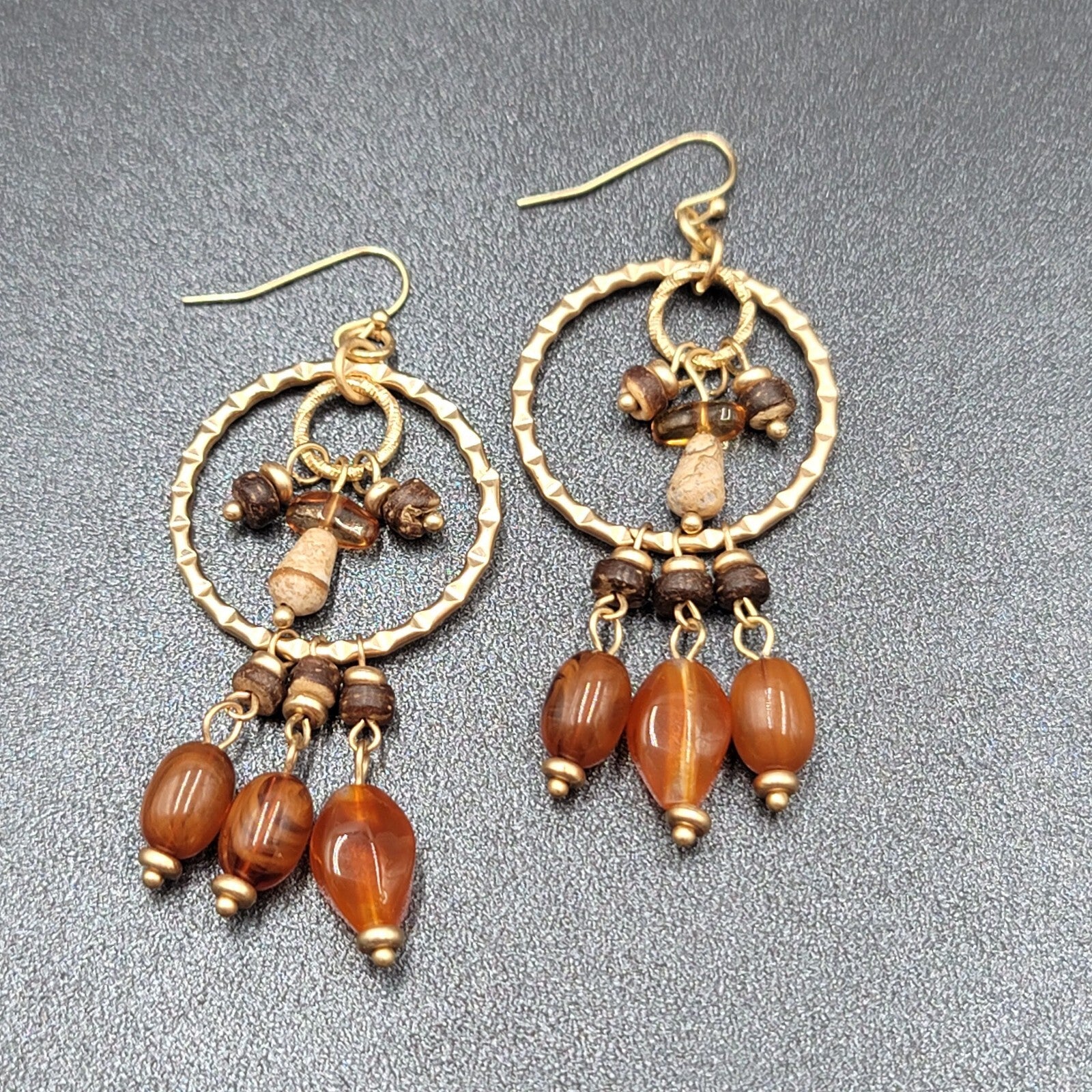 Pierced Earrings Gold tone Natural Colored Acrylic Beads Coconut Shell Bead 2.5"