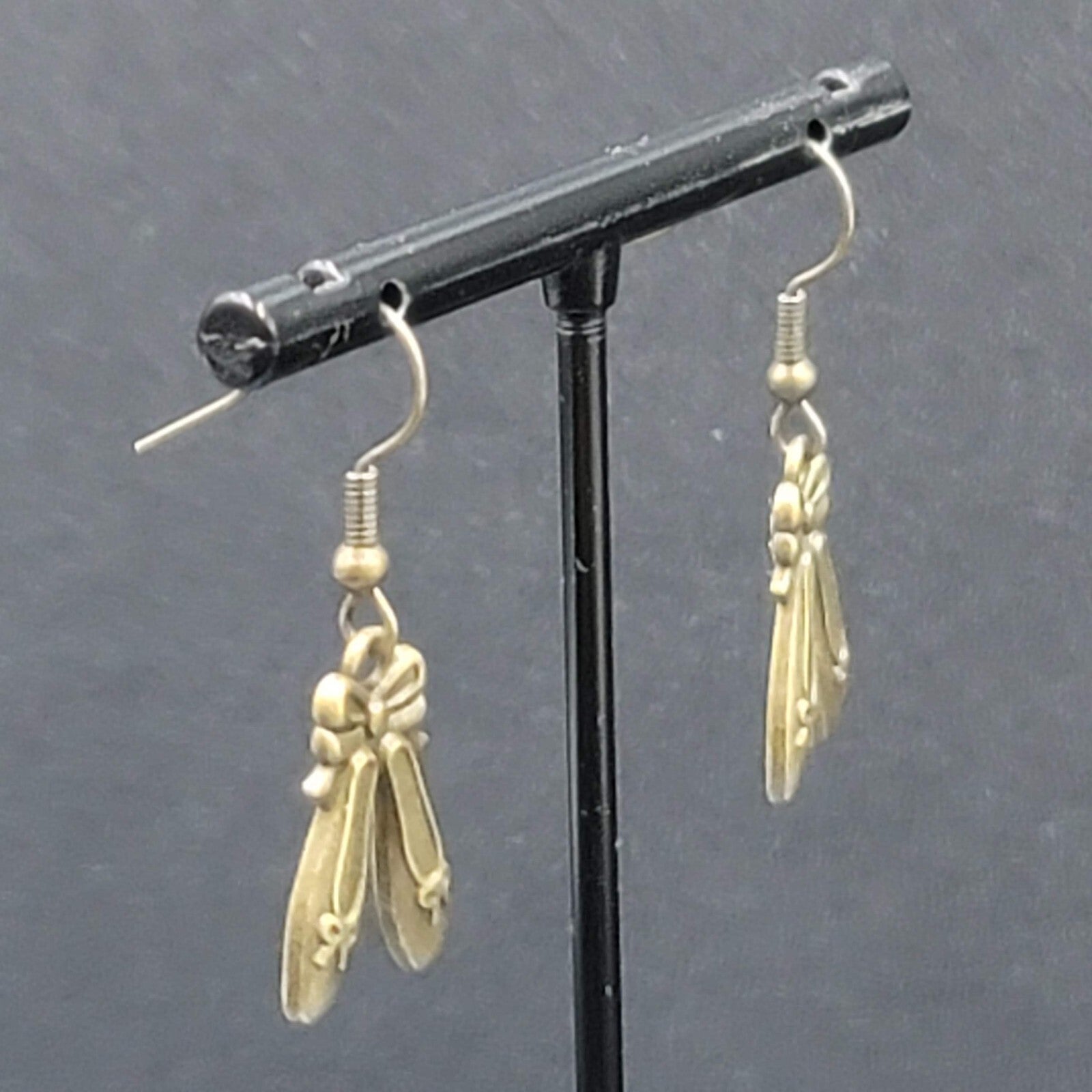 New BALLET SHOES Pierced Earrings Bronze tone Dangle Embossed 7/8"