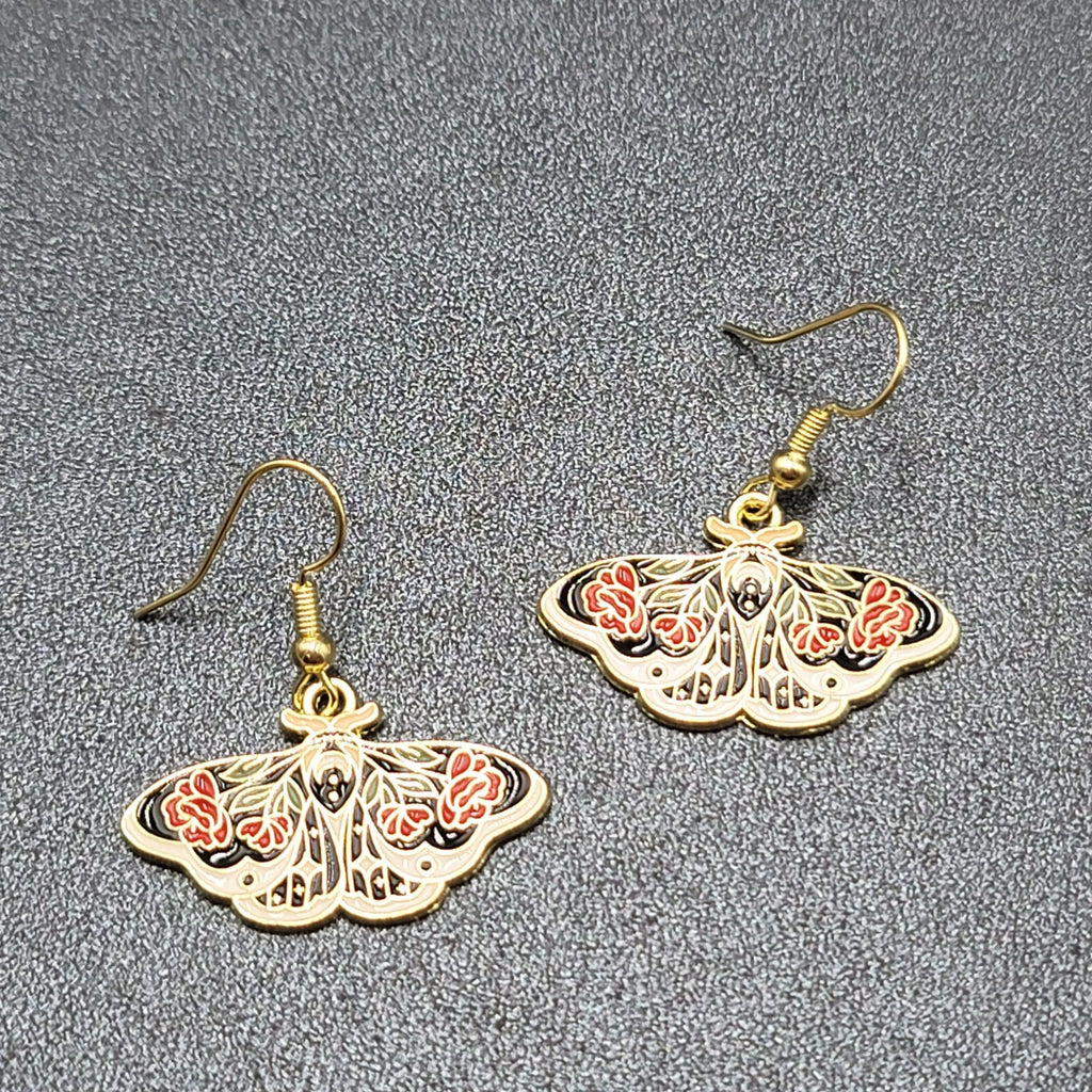 Pierced Earrings Gold tone Enamel Red Rose Moth Dangle 3/4"